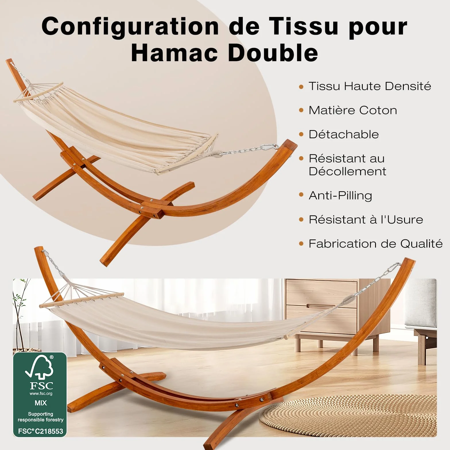 Hamac avec Support en Bois, 320×120 cm, 2 Hamacs, Charge 200 kg | Bois de pin massif, réglable en hauteur, structure stable extérieur