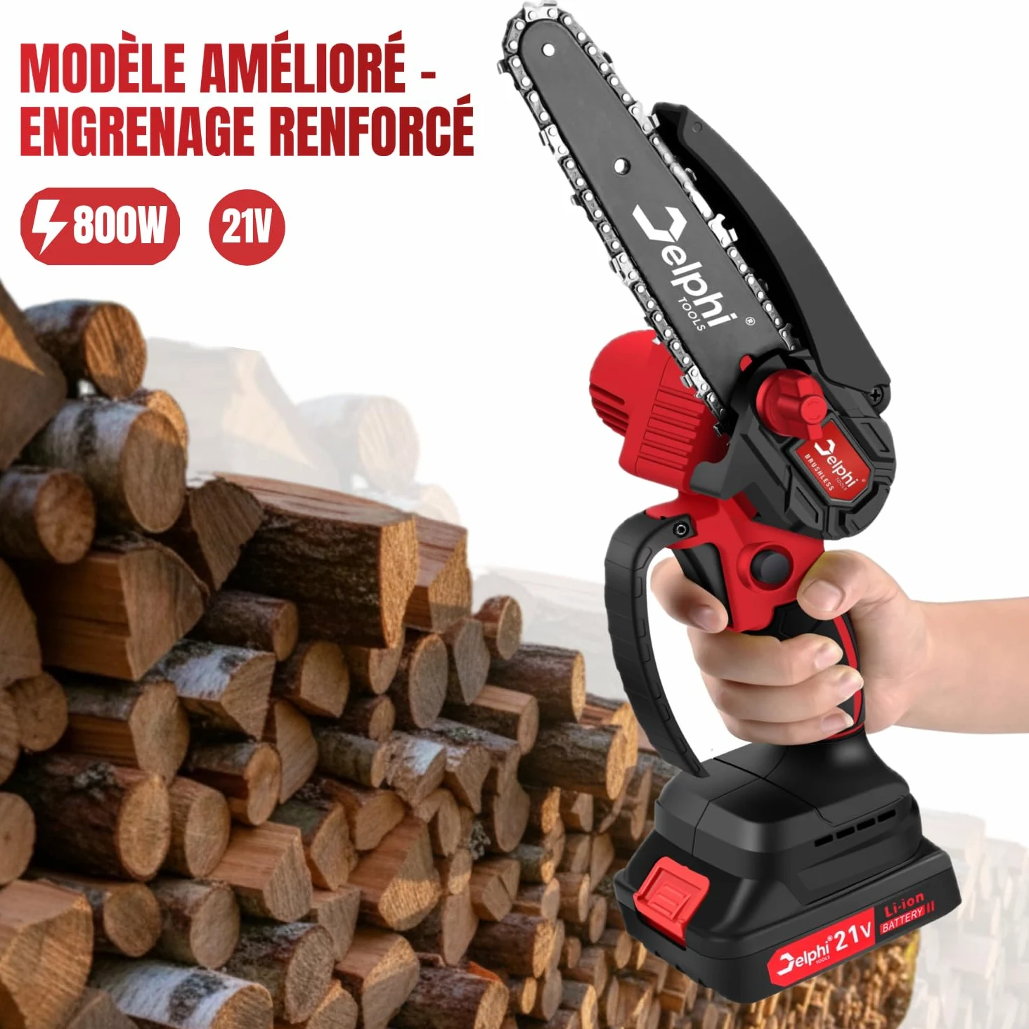 Delphi Mini Tronçonneuse à Batterie 21V 800W - Scie d’Élagage Électrique 4" et 6" avec 2 Batteries, Mini Tronçonneuse pour Couper Branches, Bois, Palettes et Petits Arbres