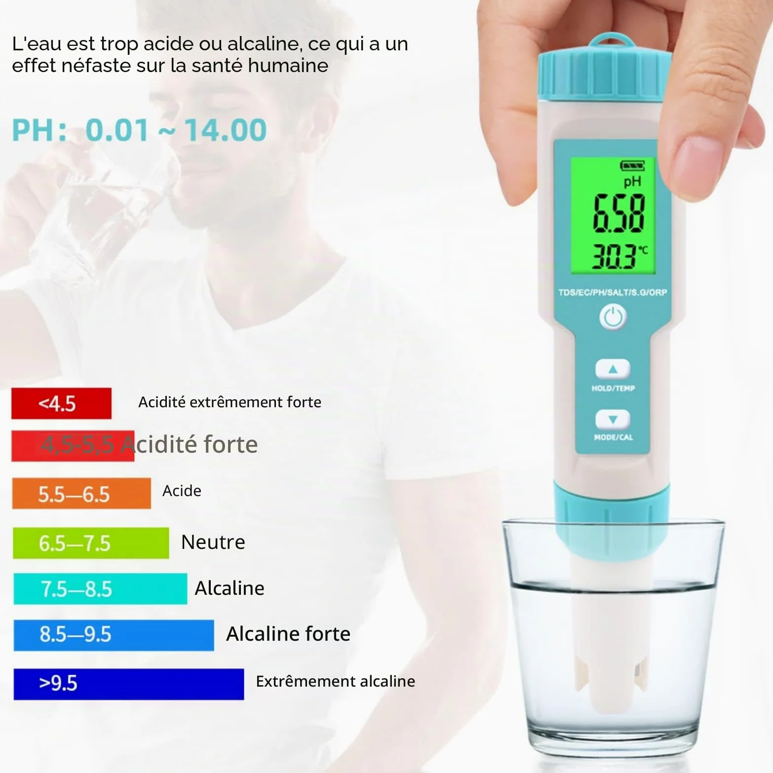 Testeur De Qualité de L'eau, Testeur PH Mètre 7 en 1 et PH/TDS/SALT/ORP/S.G/TEMP/EC, PH-mètre Avec Écran LCD, Pour Eau Potable, Piscine, Aquariums, Hydroponie #A