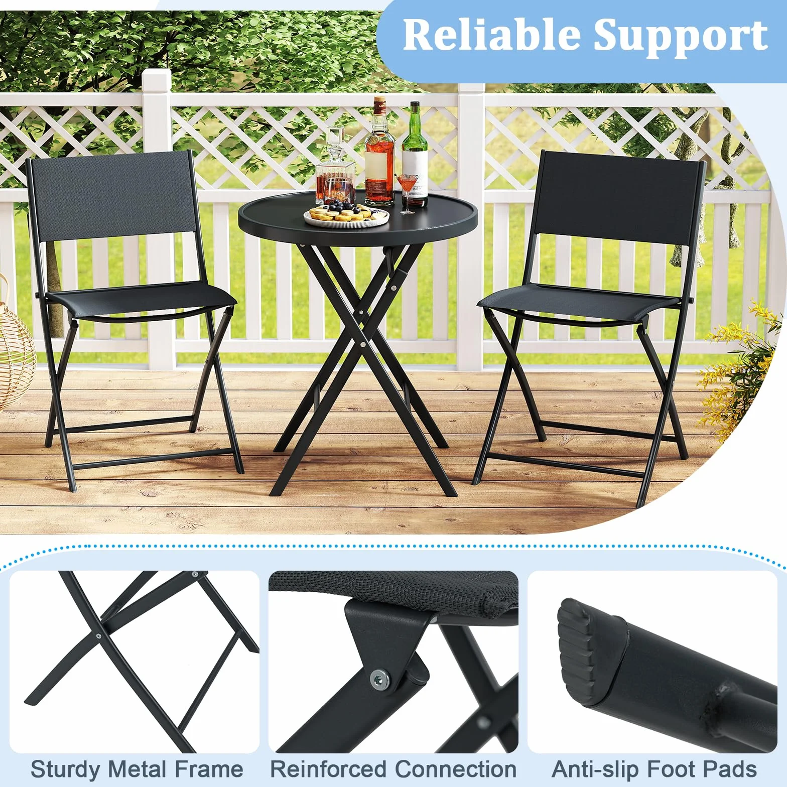 GIANTEX Ensemble Salon de Jardin 3 Pièces Table Ronde Pliante Verre Trempé 2 Chaise Pliantes Tissu Respirant Noir
