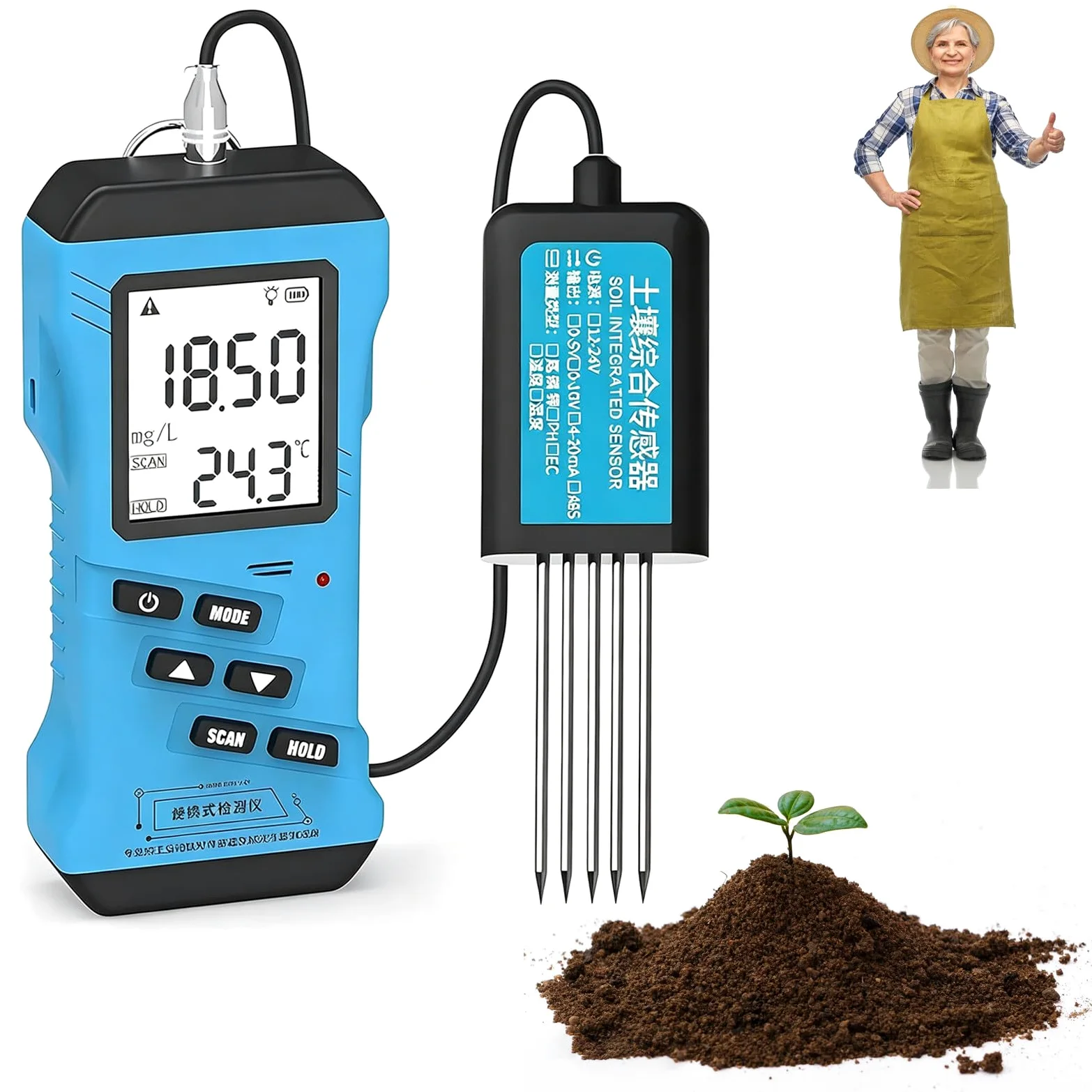 7-en-1 + Testeur de Sol : humidité, pH, NPK, EC, température, Portable, Lecture 5s, IP68