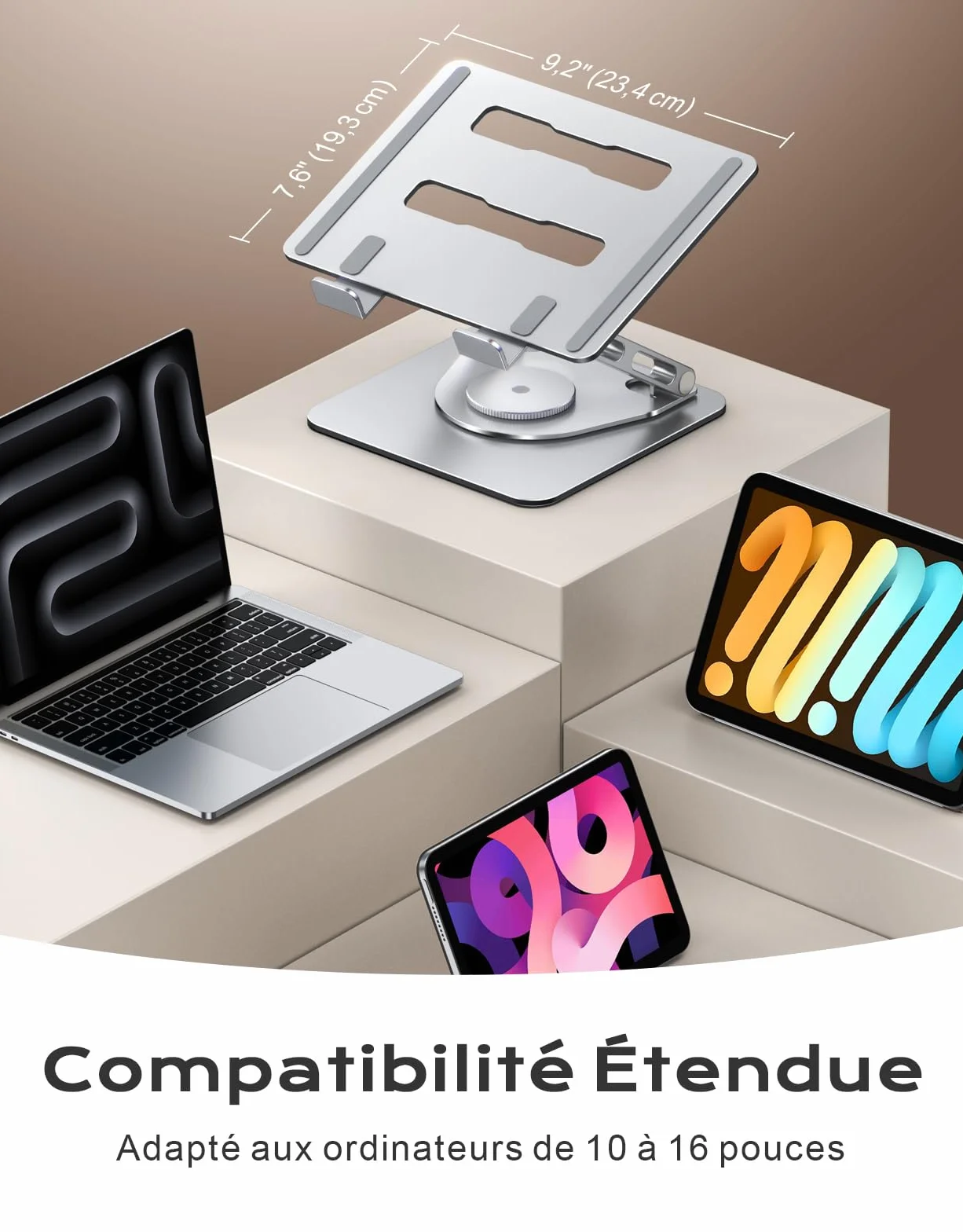 Support Ordinateur Portable Pivotant 360° Double Barres Réglables Ergonomique Refroidisseur Laptop Stand Silicone Antidérapant Compatible MacBook Air Pro 10"-16"