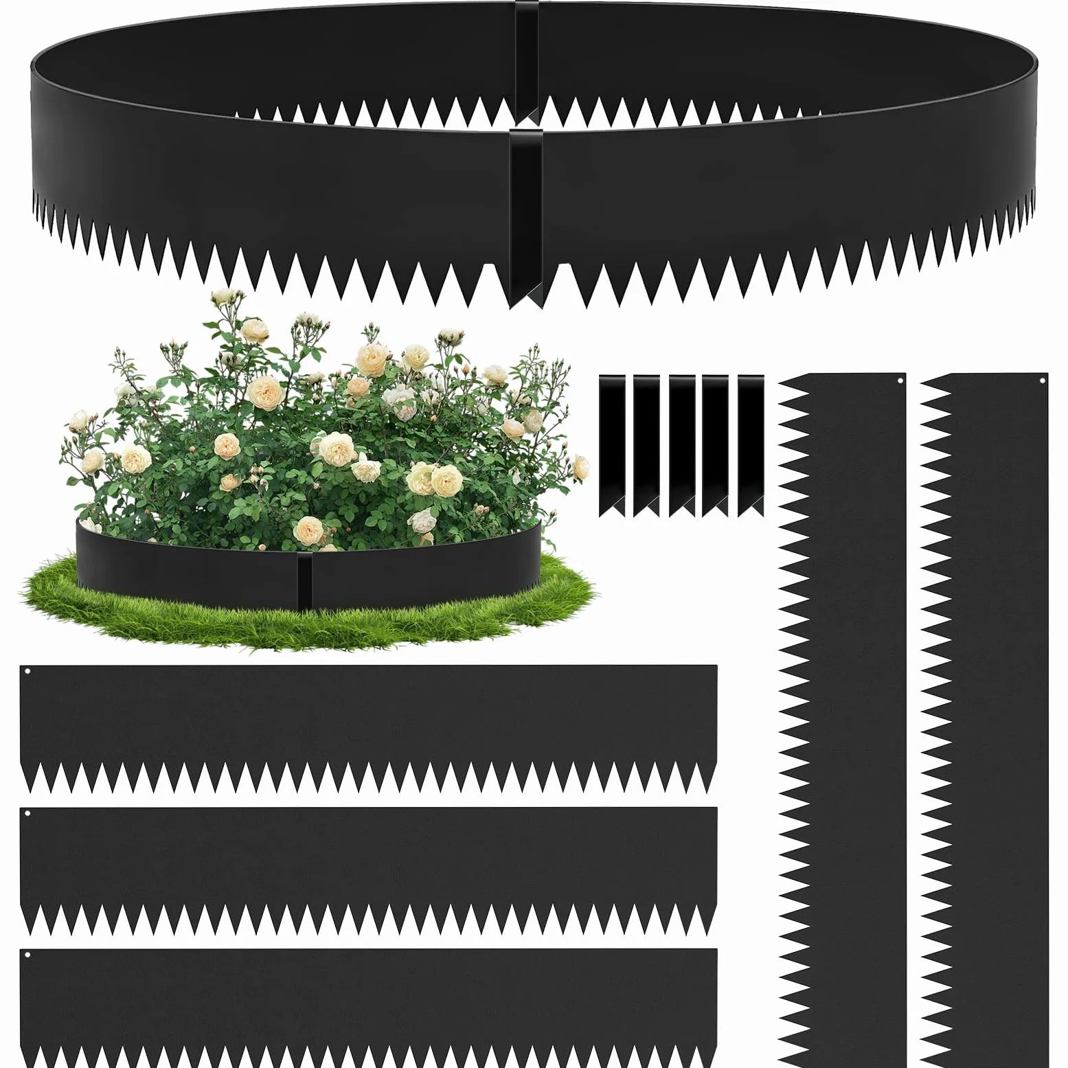 Lot de 5 bordures de pelouse en acier Corten noir - 107,5 x 15 cm - Bordure de parterre flexible en métal pour un frappage facile sans creuser - Parfait comme bordure de pelouse pour chemins
