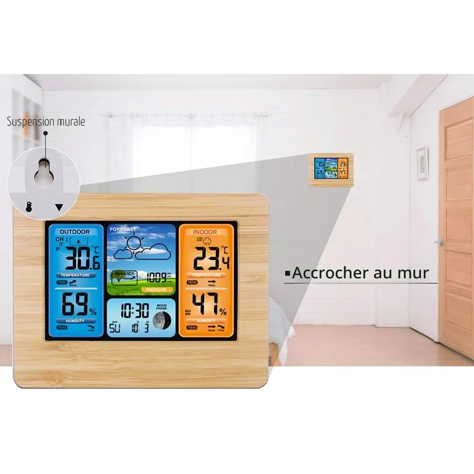 Station Météo sans Fil Station Météo à Prévision Numérique des Couleurs avec Alerte et Température/Humidité/Baromètre/Alarme/Horloge Lunaire/Météo avec Capteur Extérieur, Jaune