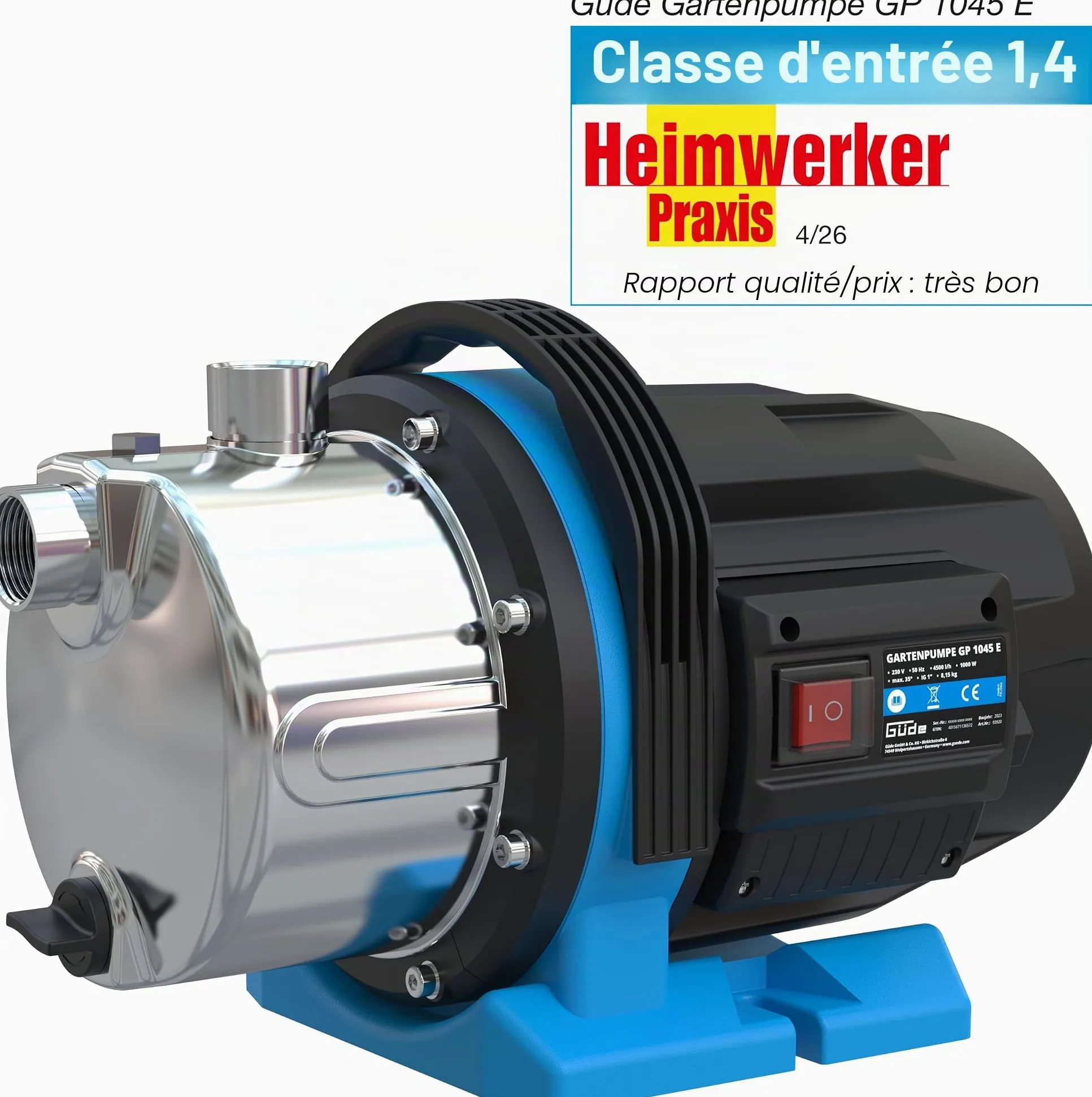 Güde Pompe de jardin GP 1045 E (1000 W, débit : 4500 l/h, hauteur de refoulement max. : 45 m, hauteur d'aspiration max. : 8 m, boîtier de pompe en acier inoxydable, roue norylle, disjoncteur thermique