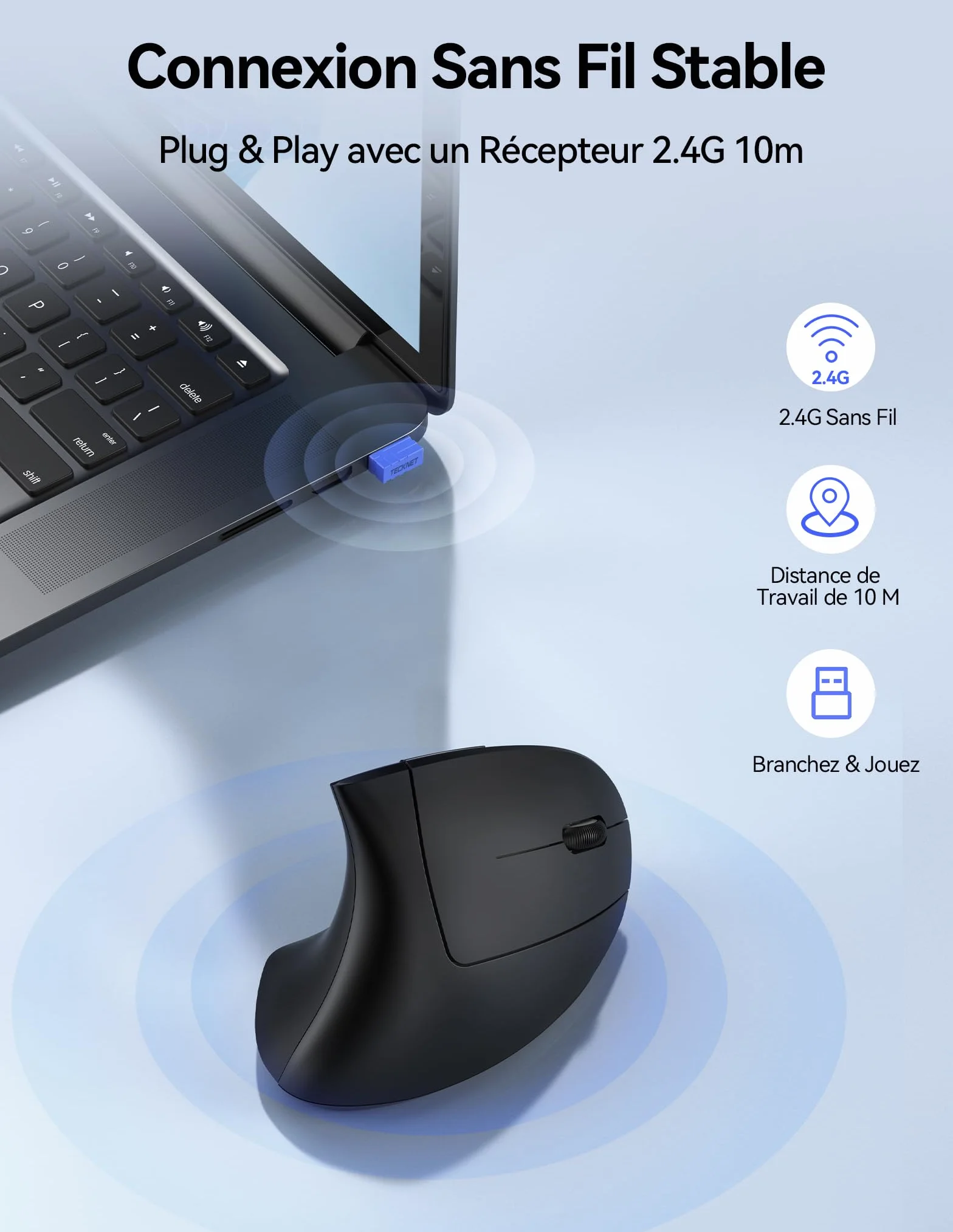 TECKNET Souris Ergonomique sans Fil Rechargeable 4800 DPI Réglable Silencieuse 2.4G 6 Boutons LED Noir