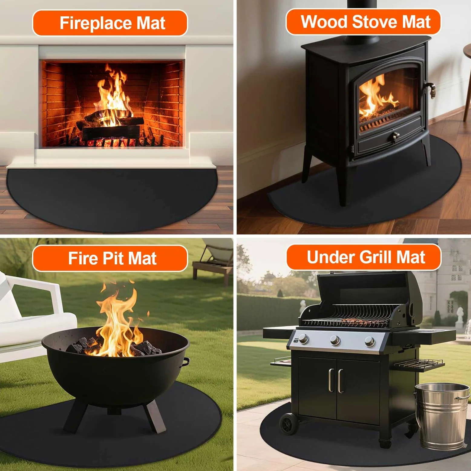 Tapis de Cheminée Ignifuge, Tapis de Cheminée Demi-Rond, Tapis de Foyer pour Poêle à Bois, Cheminée, Tapis de Cheminée Fins Résistants au Feu, Tapis de Barbecue pour Fumeur,Gris,61x102cm