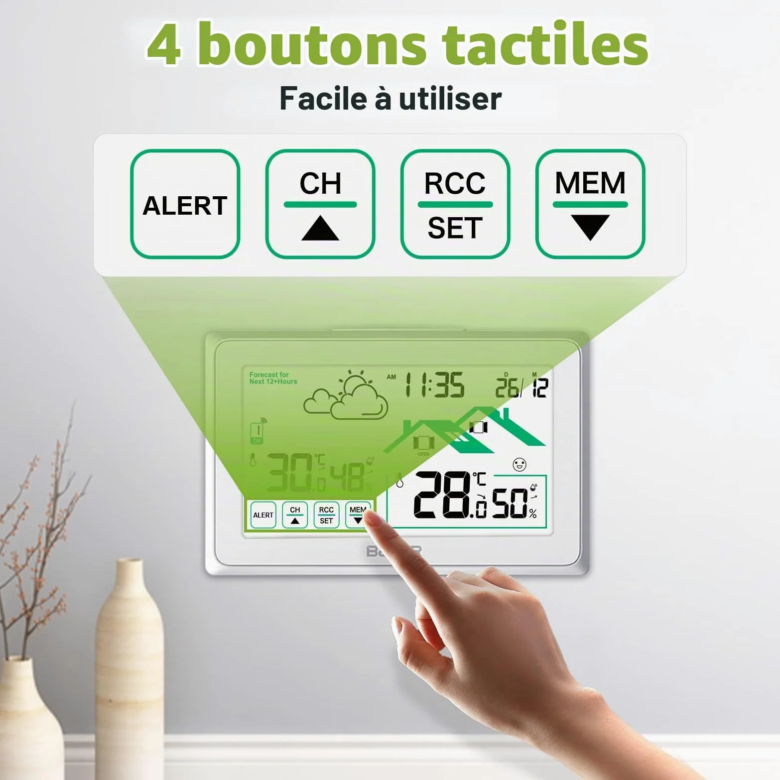 BALDR Station Meteo Interieur Exterieur Sans Fil, Horloge Umérique DCF Thermomètre Intérieur Avec Prévisions Météo de Ventilation et Rétro-éclairage