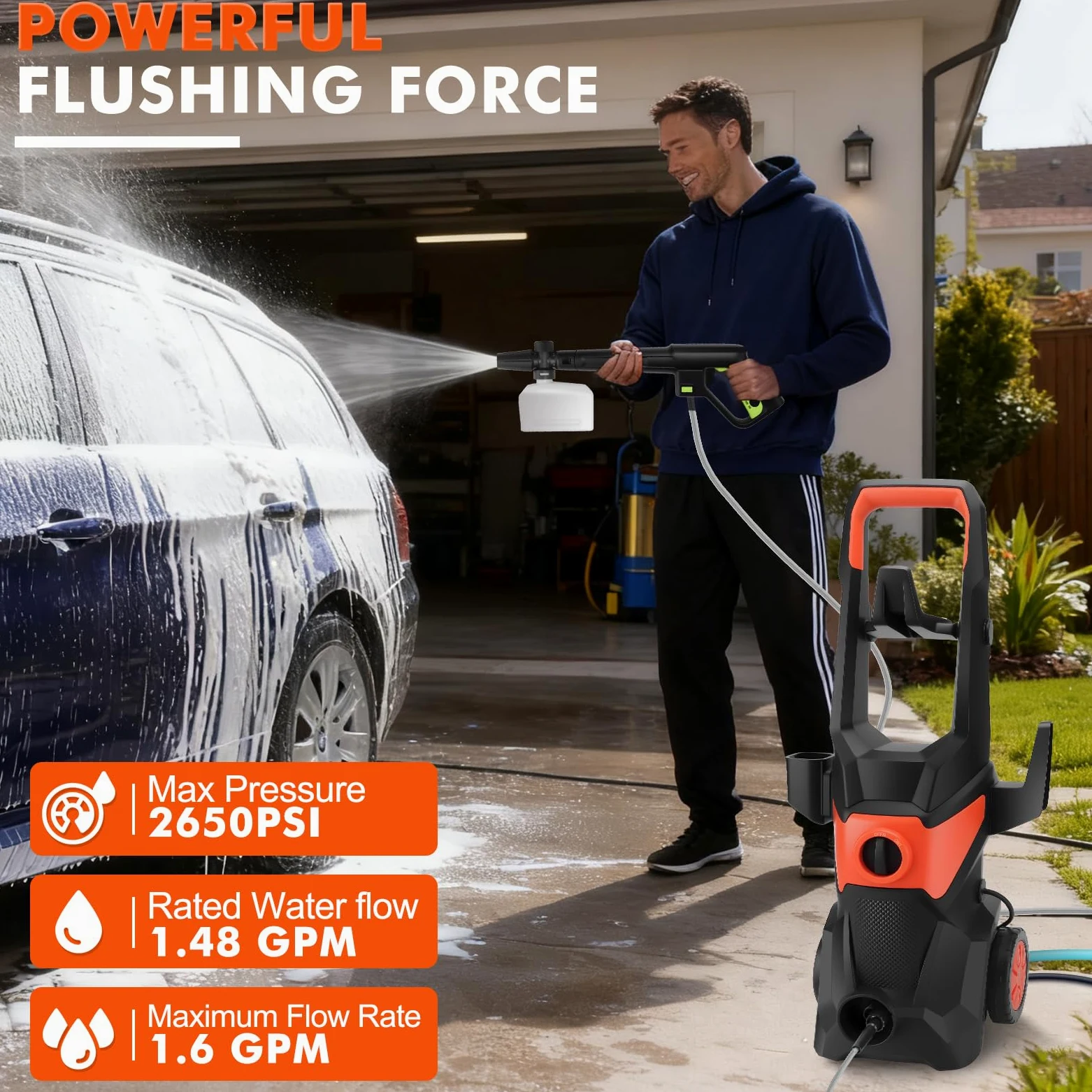 KAOLALI Nettoyeur Haute Pression électrique, 3000 W, Débit 336 L/h | Tuyau Haute Pression de 10m, avec 4 Buses, Lance à Mousse, pour Surfaces Extérieures et Autos