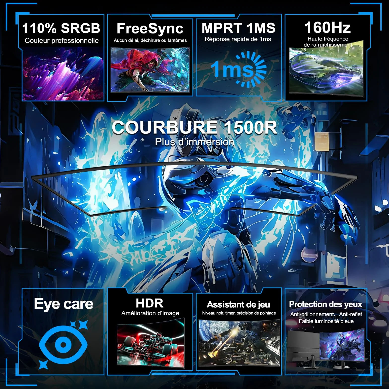 Minifire Ecran PC Gamer Incurvé 24 Pouces 160Hz FHD 1920x1080 1ms MPRT 110% sRGB 1500R Pied en métal Adaptive Sync VESA 100x100mm Inclinaison réglable HDMI2.0 DP1.4
