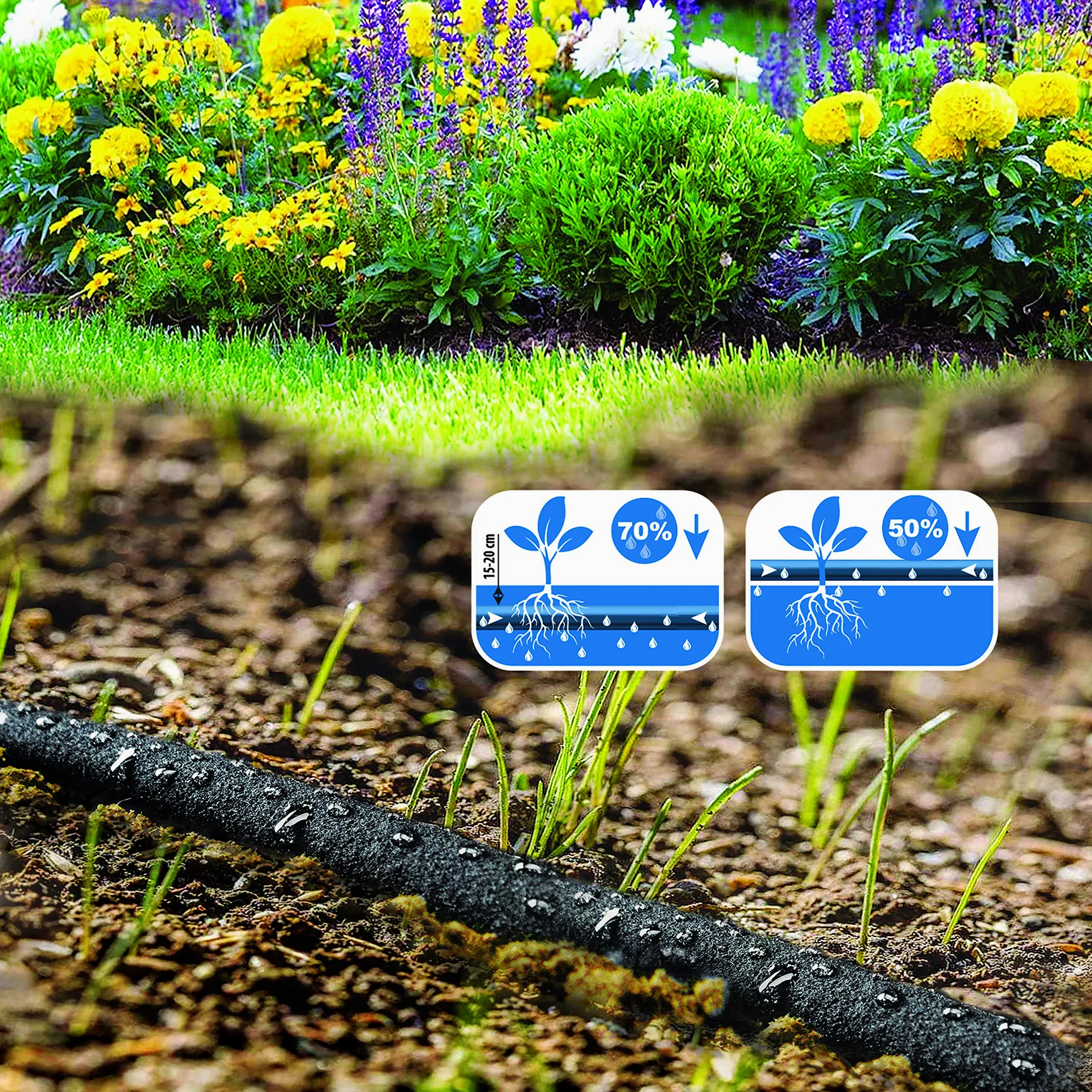 GRÜNTEK Tuyau Goutte à Goutte 30M. Tuyau Poreux Arrosage | Tuyau microporeux souterrain 30 M - Débit 5 à 10 L/min - Kit 3 raccords - Anti-algues - Résistant UV - Pression 3-6 bar