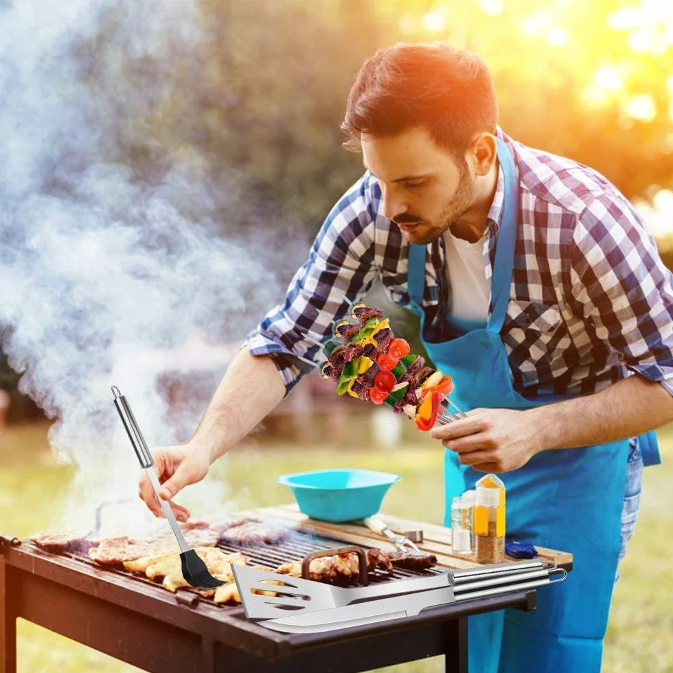 Kit Barbecue Acier Inoxydable 9 Pièces avec Boîte de Rangement