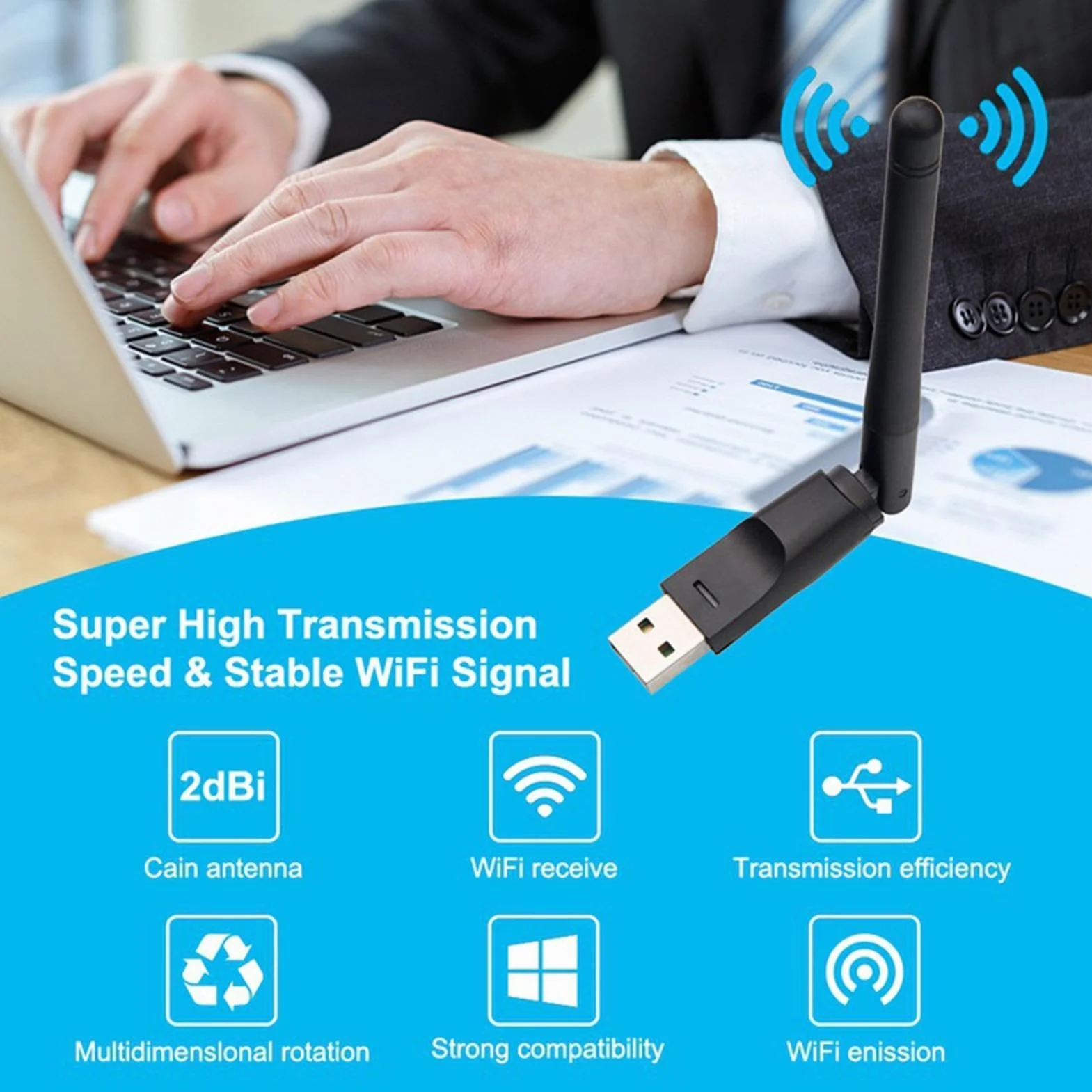 Adaptateur Wifi USB 150 Mbps 2,4 GHz Dongle Sans Fil Grande Antenne Carte Réseau Externe Puce Mt7601