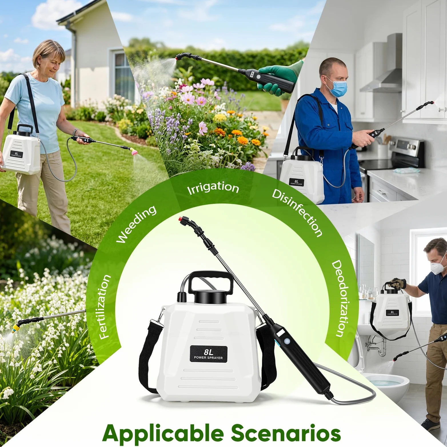 Pulvérisateur électrique 8L avec Batterie USB-C, 3 Buses, Lance télescopique, bandoulière, pour arrosage Jardin & désherbage