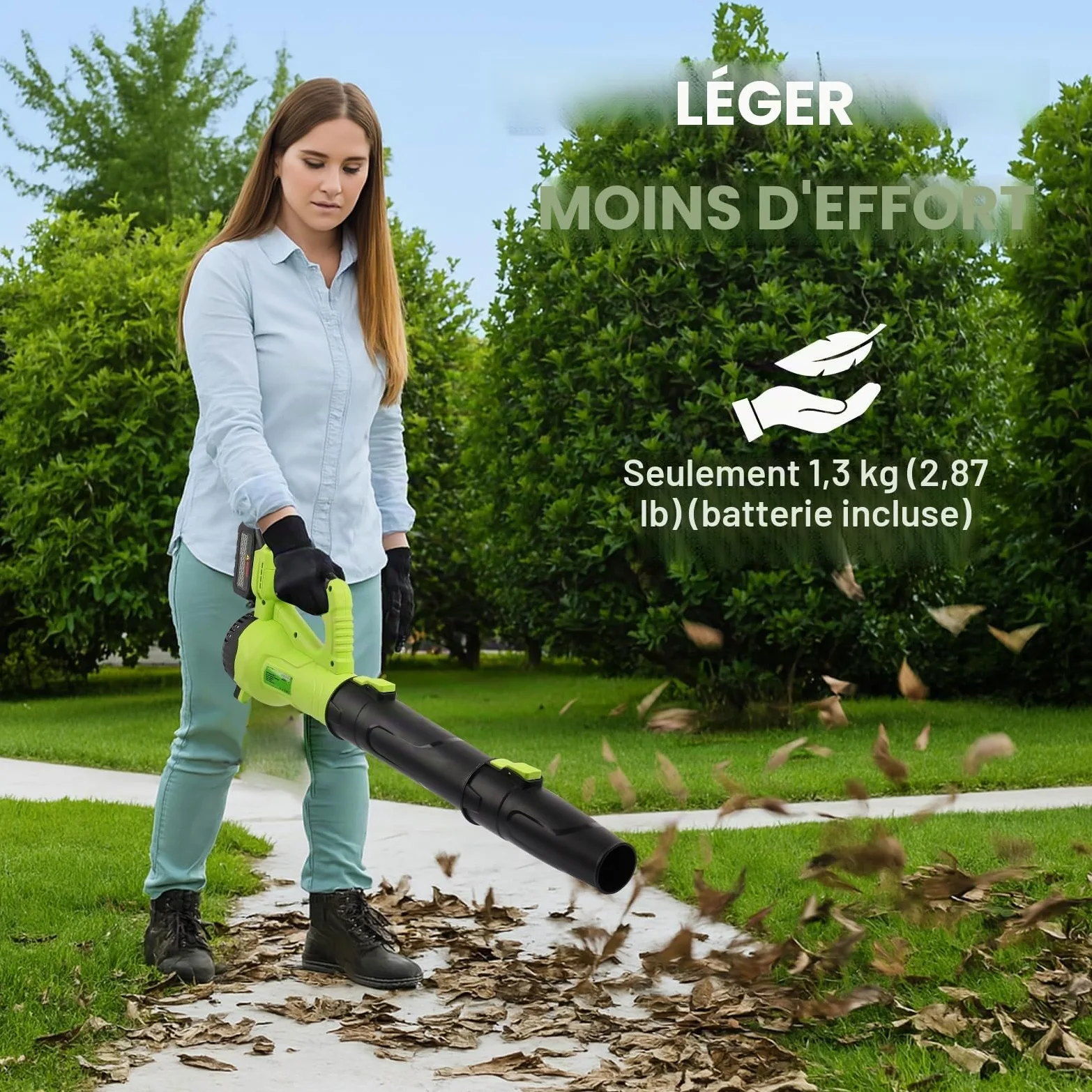 Souffleur de Feuilles sans Fil Nexalite 21V, 2x4Ah, 172 km/h, 6 Vitesses | 172 km/h + moteur 280W; 2 batteries 4Ah (30–40 min); 1,3 kg; 2 buses; jardin, allées, garage, voiture