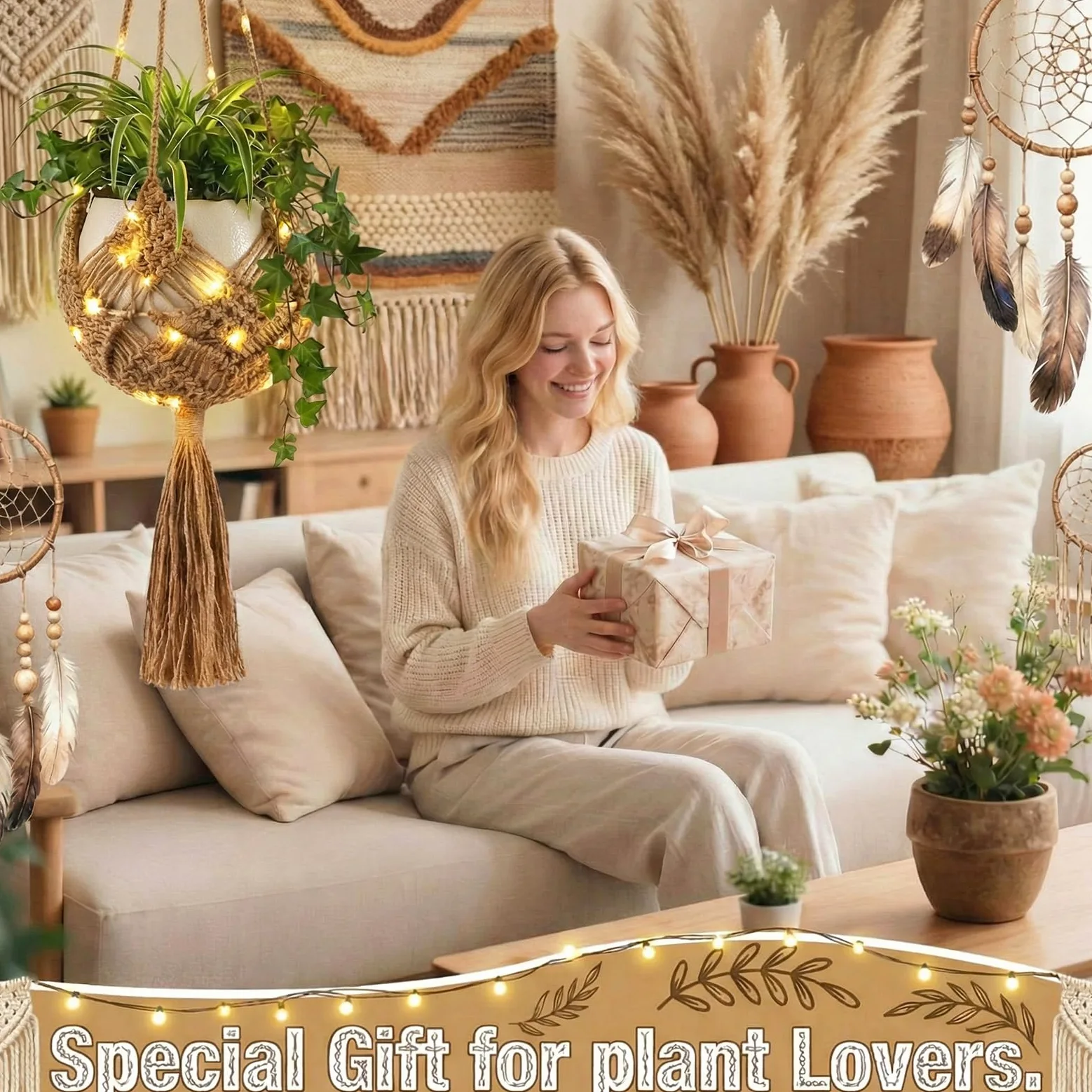 Sliner Lot de 3 cintres longs en jute pour plantes macramé avec lumières et crochets - Paniers suspendus bohème pour intérieur et extérieur - 3 tailles différentes