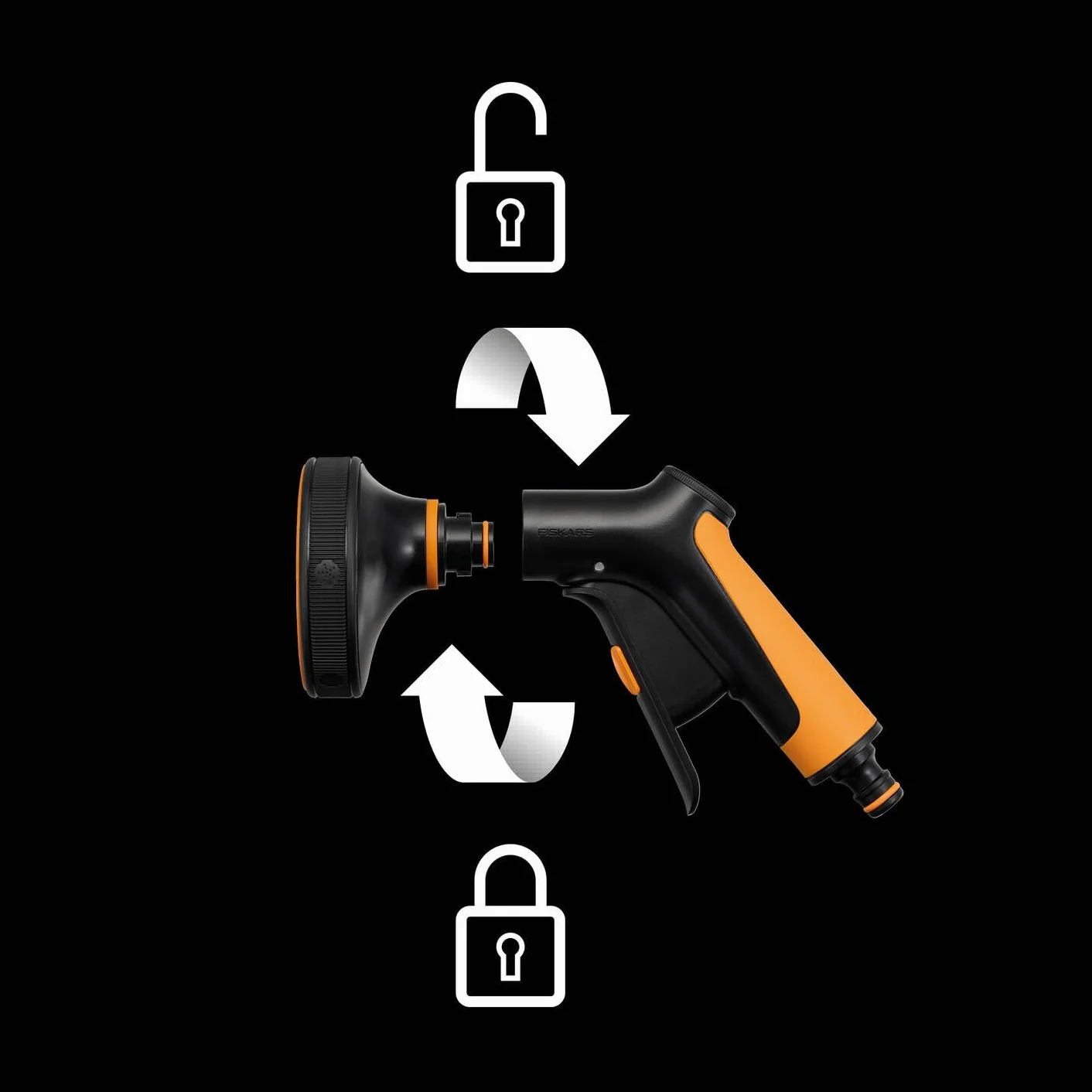Fiskars Pistolet Pulvérisateur Multi, 5 Jets, Débit réglable en continu | Avec Contrôle Gâchette à l'Avant et verrouillage marche/arrêt, SoftGrip, Taille universelle, noir/orange, 1065482