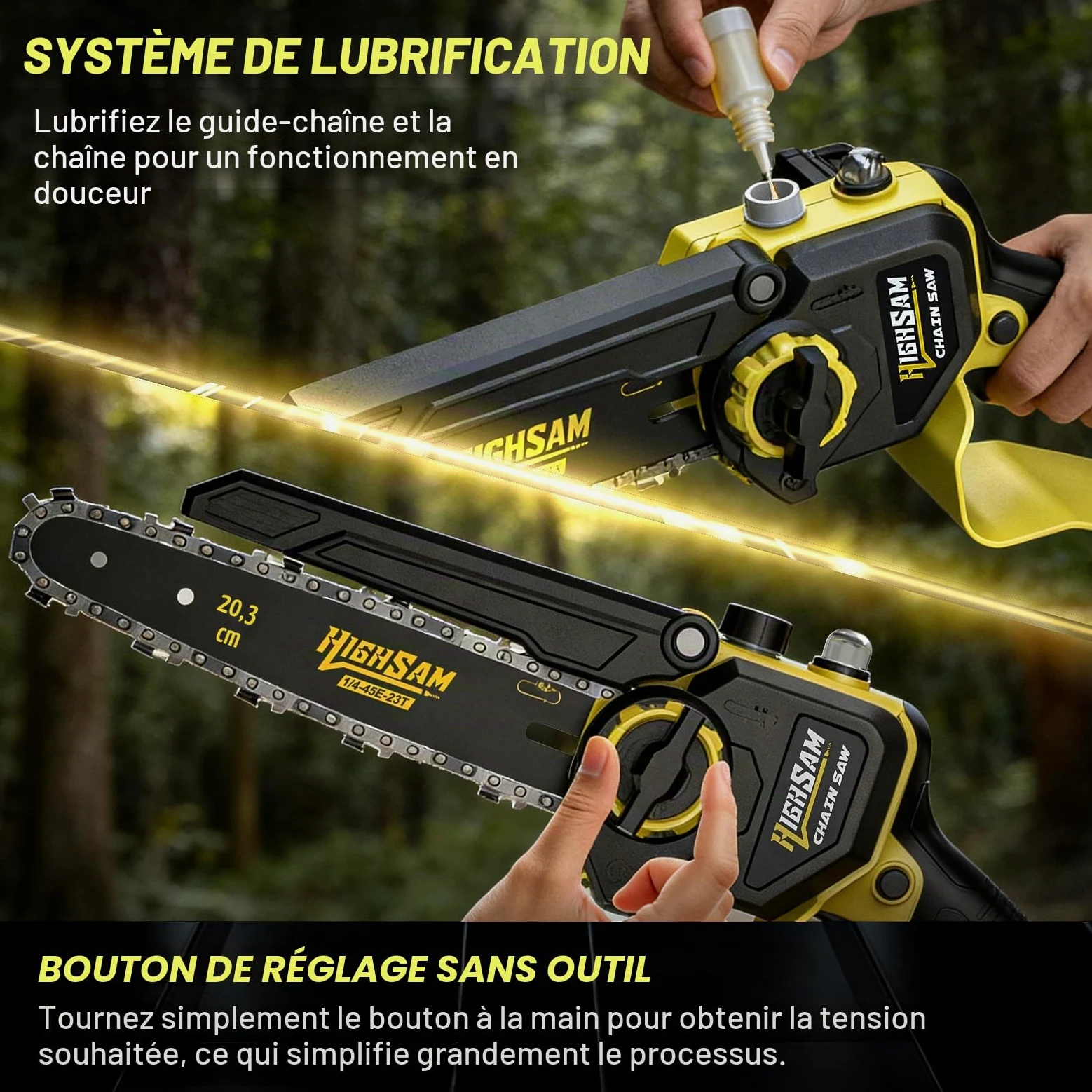 2-en-1 Tronçonneuse à Batterie & Scie à Élaguer, Moteur Sans Balais Compatible Makita 18V, 8 Pouces Mini Tronçonneuse, 2×4.0Ah, Perche 4.2m, Tête 180°, Élagage Branches & Coupe Bois