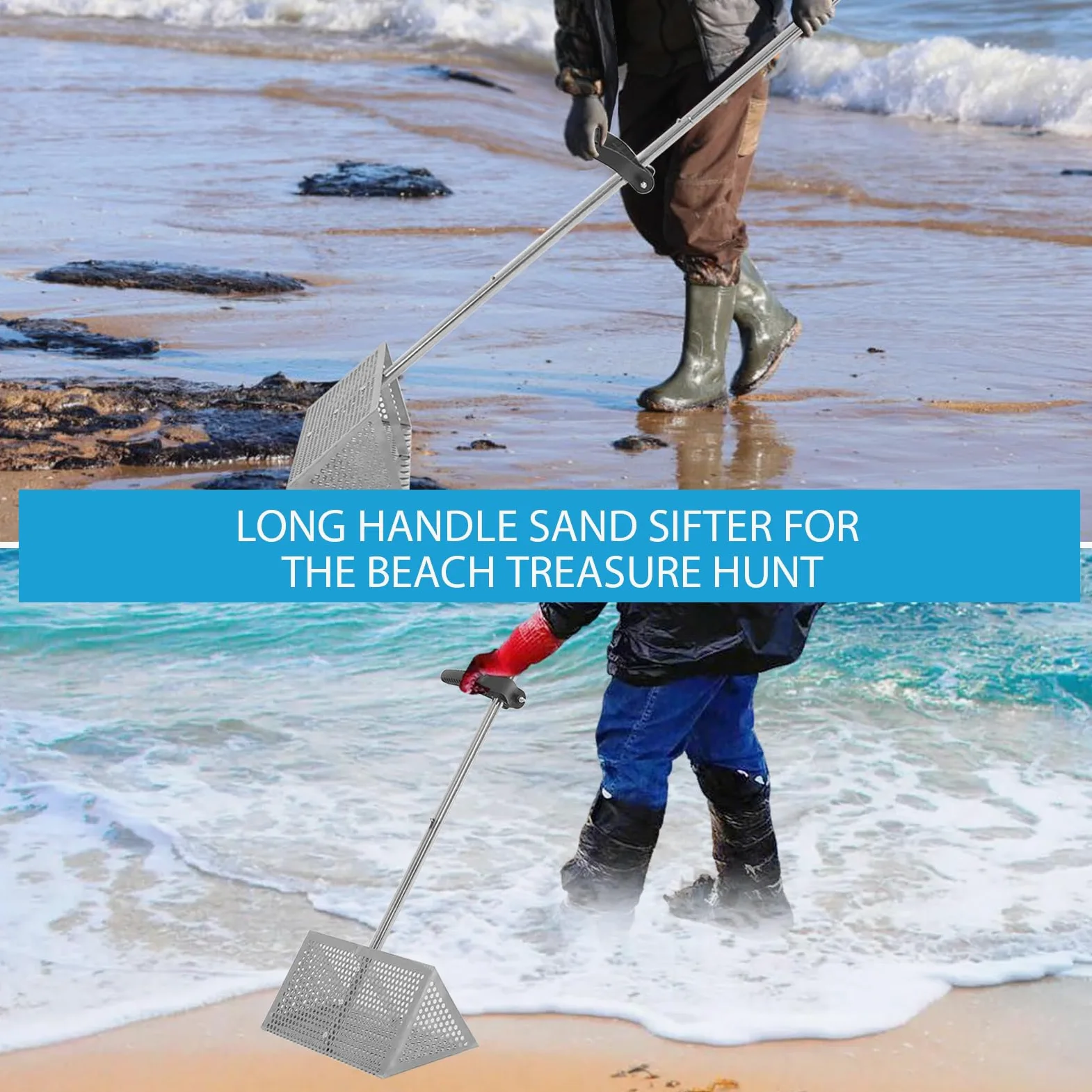 Râteau à puces de sable amovible à long manche pour plage à dents tranchantes - Panier large - Attrape-puces de sable en acier inoxydable - Attrape-crabes de sable pour les voyages
