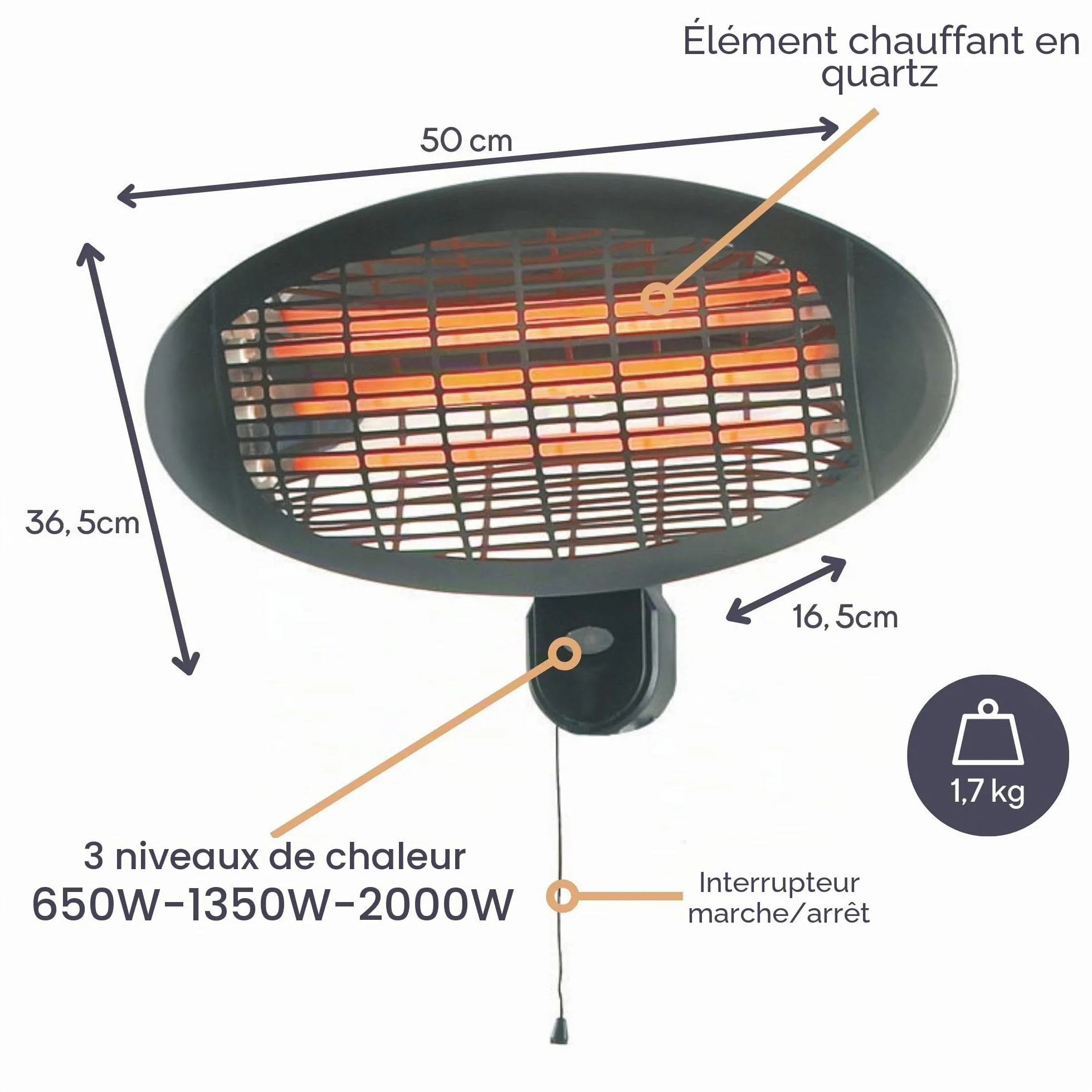 Perel Chauffage de terrasse 2000 W quartz montage mural résistant aux projections d'eau 3 niveaux de chauffe noir
