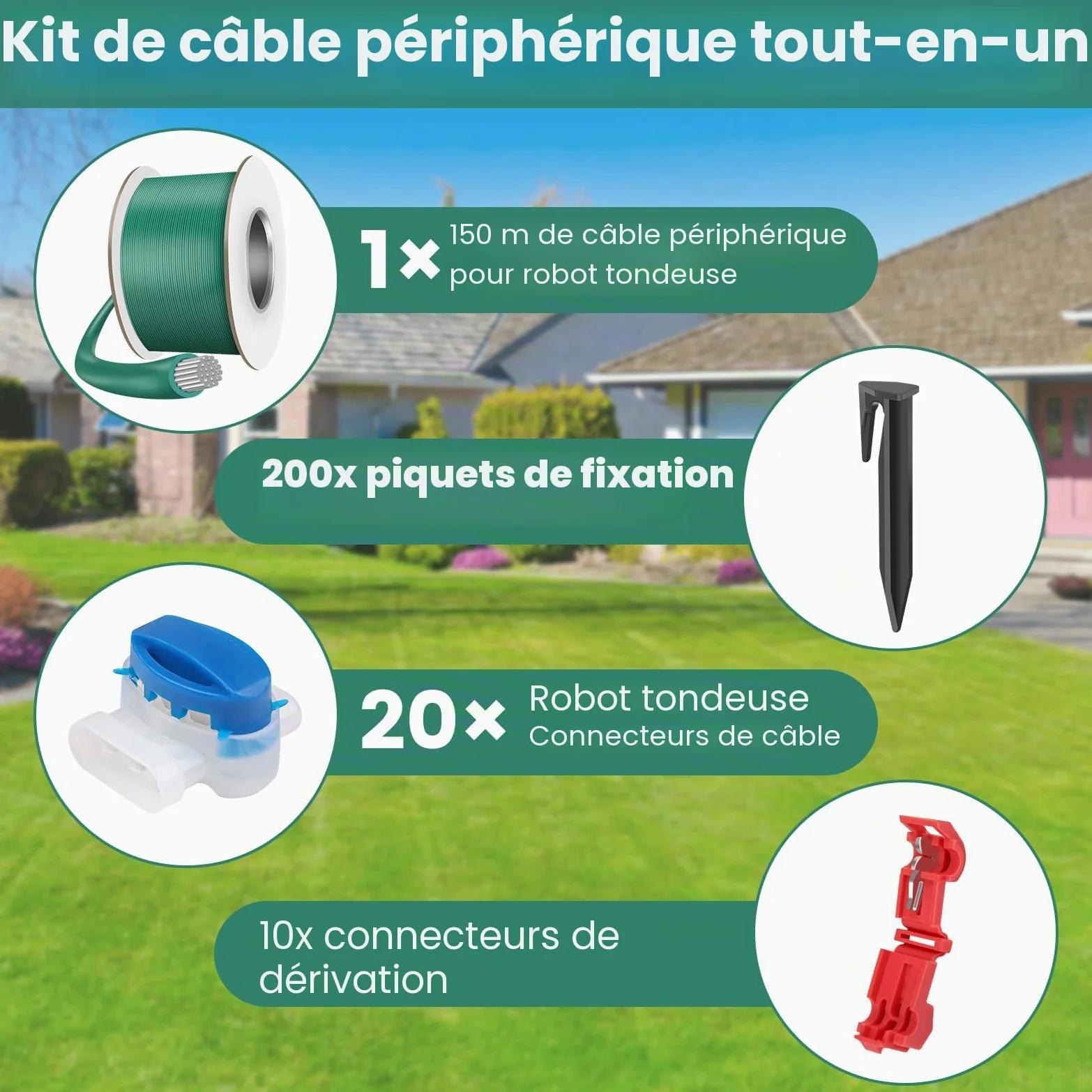 Câble de délimitation, 150 m, pour robot tondeuse - 200 piquets, 20 connecteurs de câble et 10 bornes de raccordement - Kit d'accessoires universels pour robot tondeuse