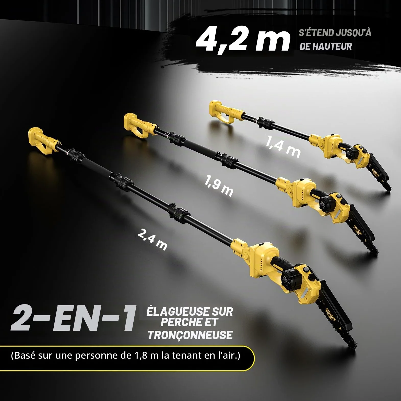 2-en-1 Tronçonneuse à Batterie & Scie à Élaguer, Moteur Sans Balais Compatible Makita 18V, 8 Pouces Mini Tronçonneuse, 2×4.0Ah, Perche 4.2m, Tête 180°, Élagage Branches & Coupe Bois