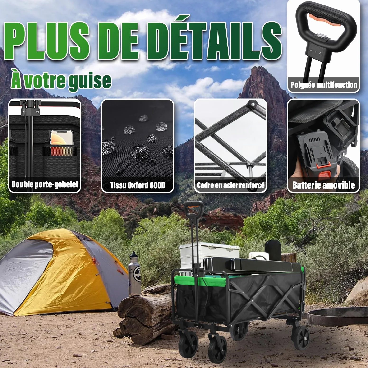 Chariot Électrique Pliable Tout -Terrain 160L/50kg avec Hayon, Noir | Chariot de Plage Pliable, Motorisation 4000mAh, Pneus Renforcés pour Plage, Camping, Jardin et Courses