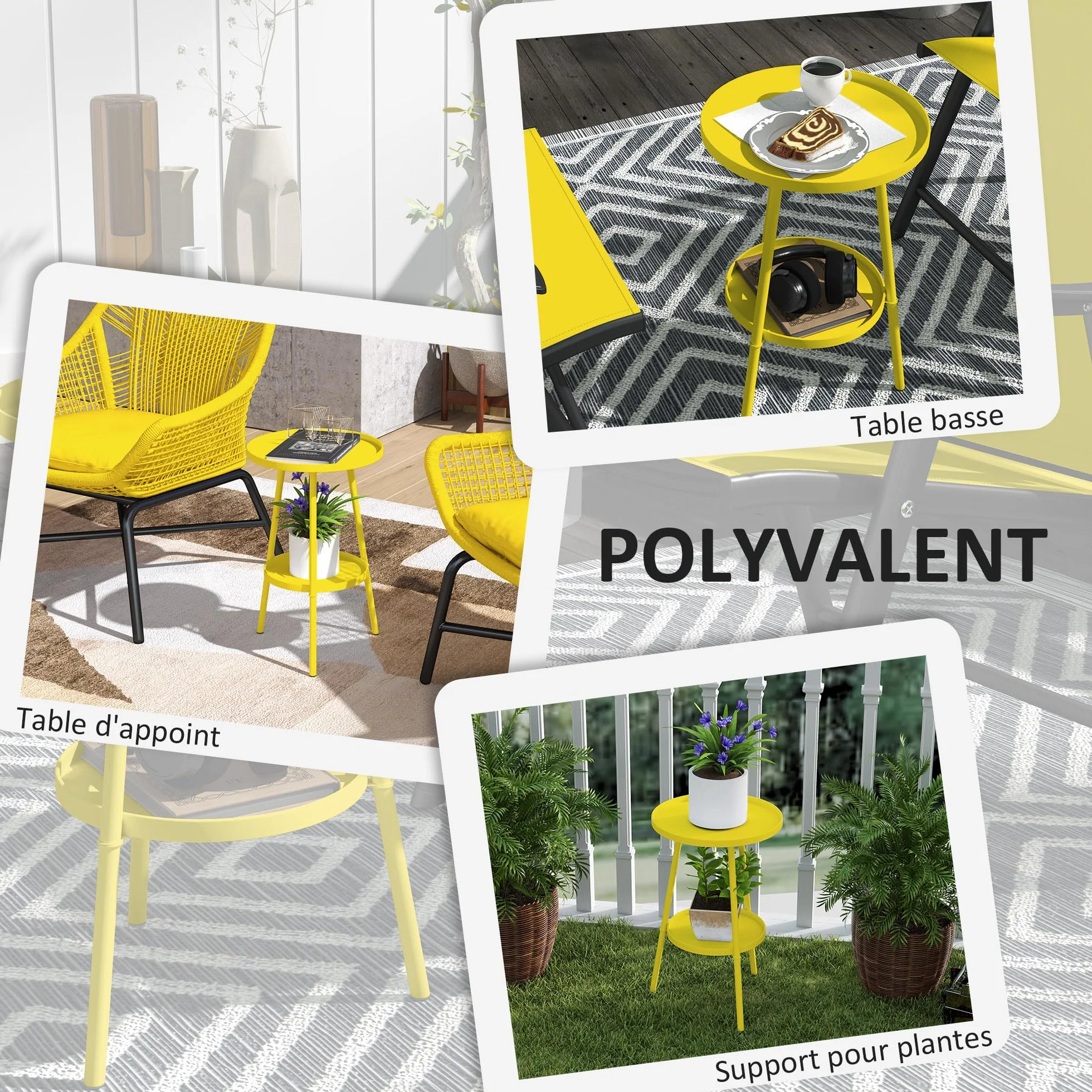 Outsunny Petite Table d'appoint Ronde à 2 Niveaux, Table de Jardin, en métal, Jaune