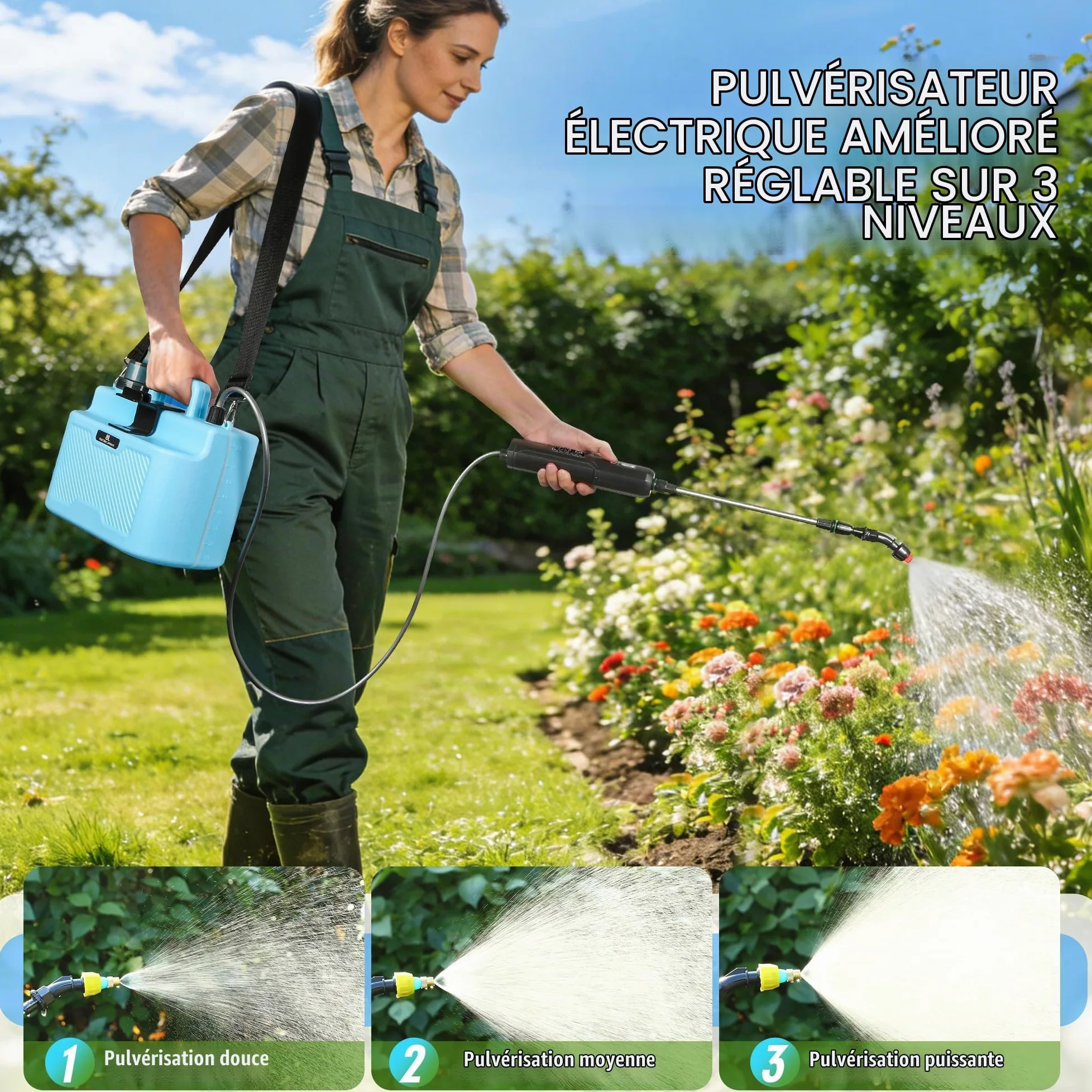 Pulverisateur Electrique 8L, 5V/2400mAh Pulverisateur de Jardin à 3 Niveaux de Pression, Pulverisateur avec 4 Buses Réglables & Perche Télescopique, Pulverisateur a Pression pour Arrosage