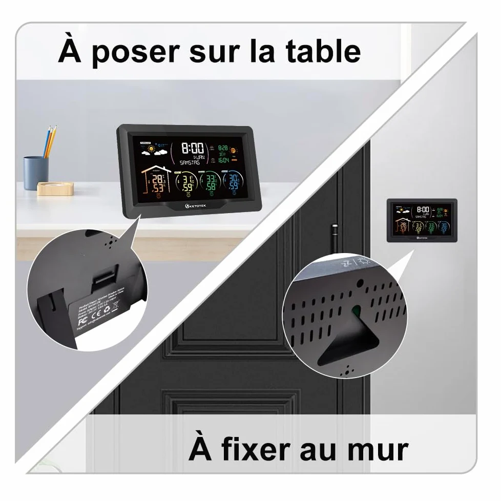 KETOTEK Station Meteo Interieur Exterieur Sans Fil Thermometre Hygrometre | avec 3 Capteurs 7,5" VA LCD Affichage Baromètre, Prévisions Météorologiques, Réveil, Lever et coucher du soleil