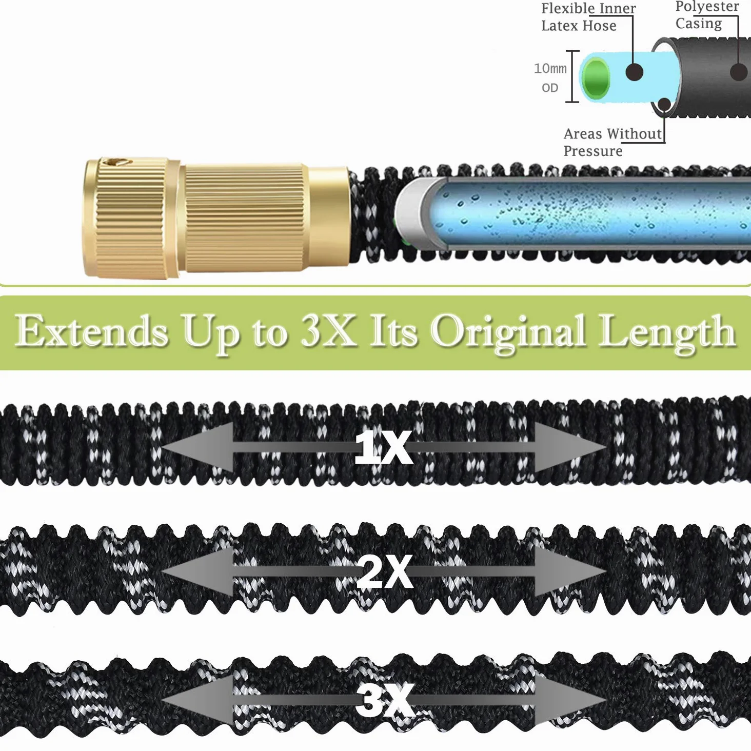 HmiL-U Tuyau d'arrosage extensible de 30 m avec double noyau en latex, raccords en laiton massif, buse de pistolet pulvérisateur en métal, noir, 1