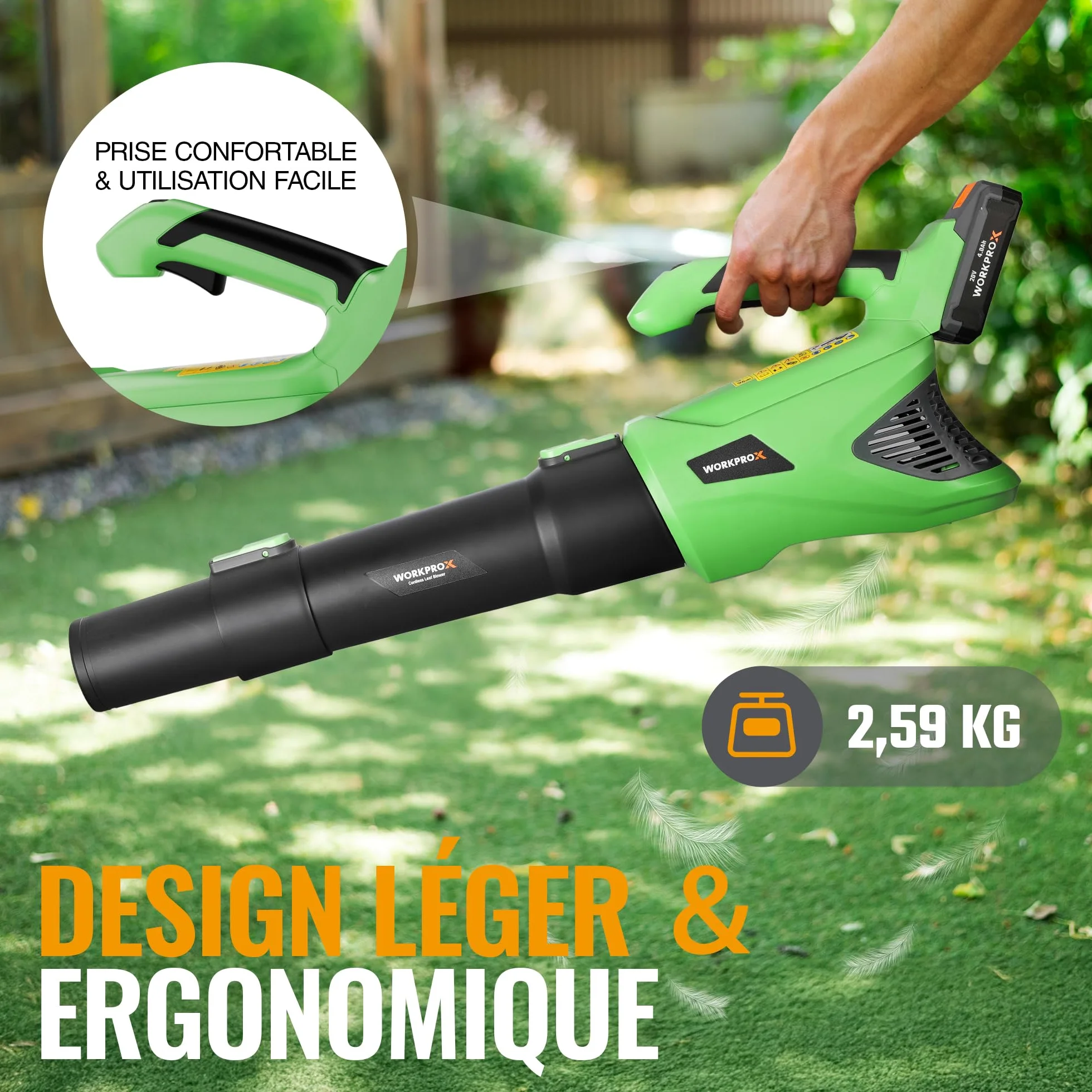 WORKPROX Souffleur de Feuilles Axial sans Fil 20V, Souffleur à Batterie 4,0 Ah avec Chargeur, Vitesse d'air Maximale 144 km/h et Capacité 850 m³/h, 5 Vitesses Réglables, pour Jardins Allées Terrasses | Chargeur Inclus, Vitesse d'air 144 km/h, Débit d'air