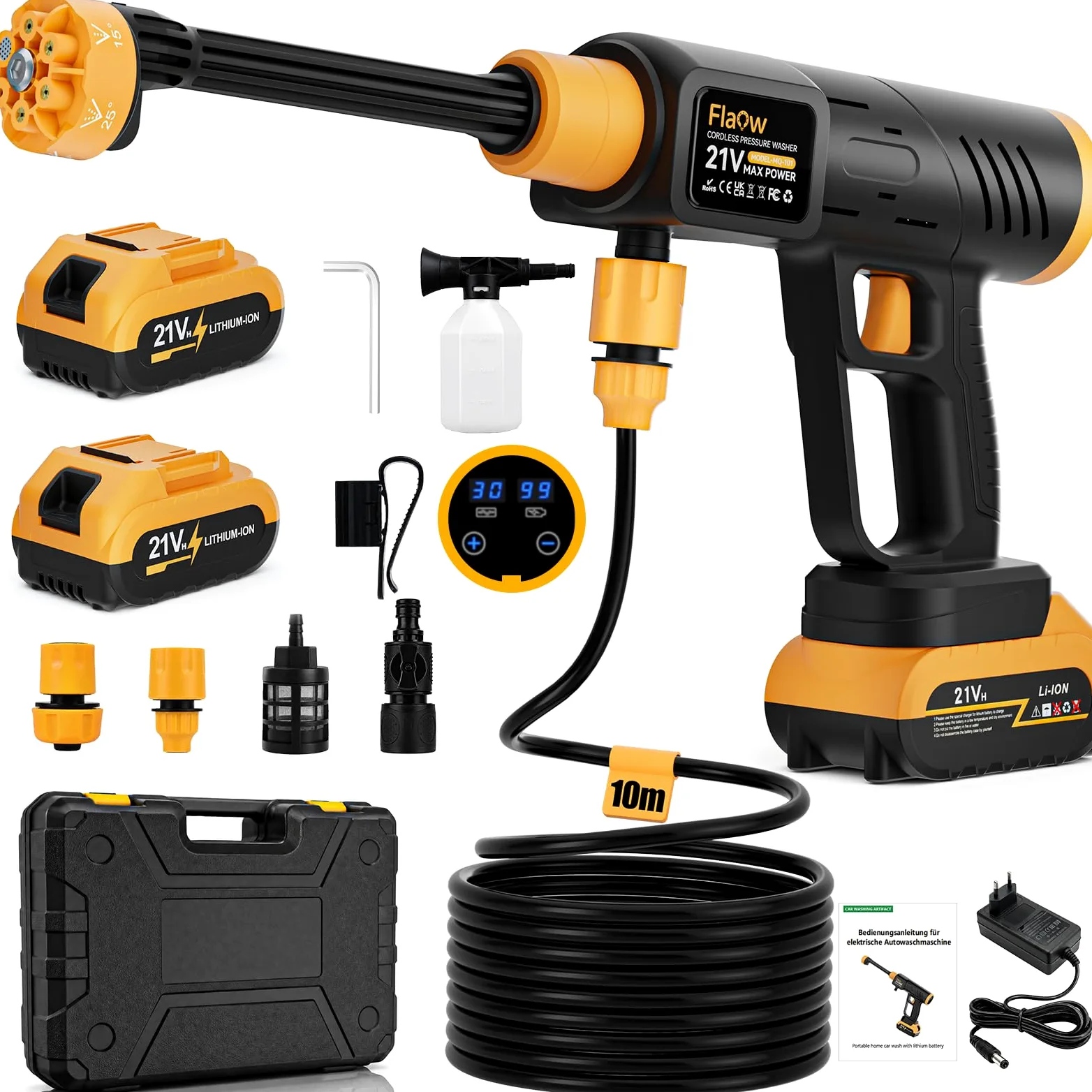 80Bar Nettoyeur Haute Pression sans Fil avec 2X Batteries 4000mAh, 6-en-1 Pistolet Haute Pression, Raccord Robinet Nettoyeur Haute Pression sur Batterie pour Voiture, Jardin, Terrasse, Maison