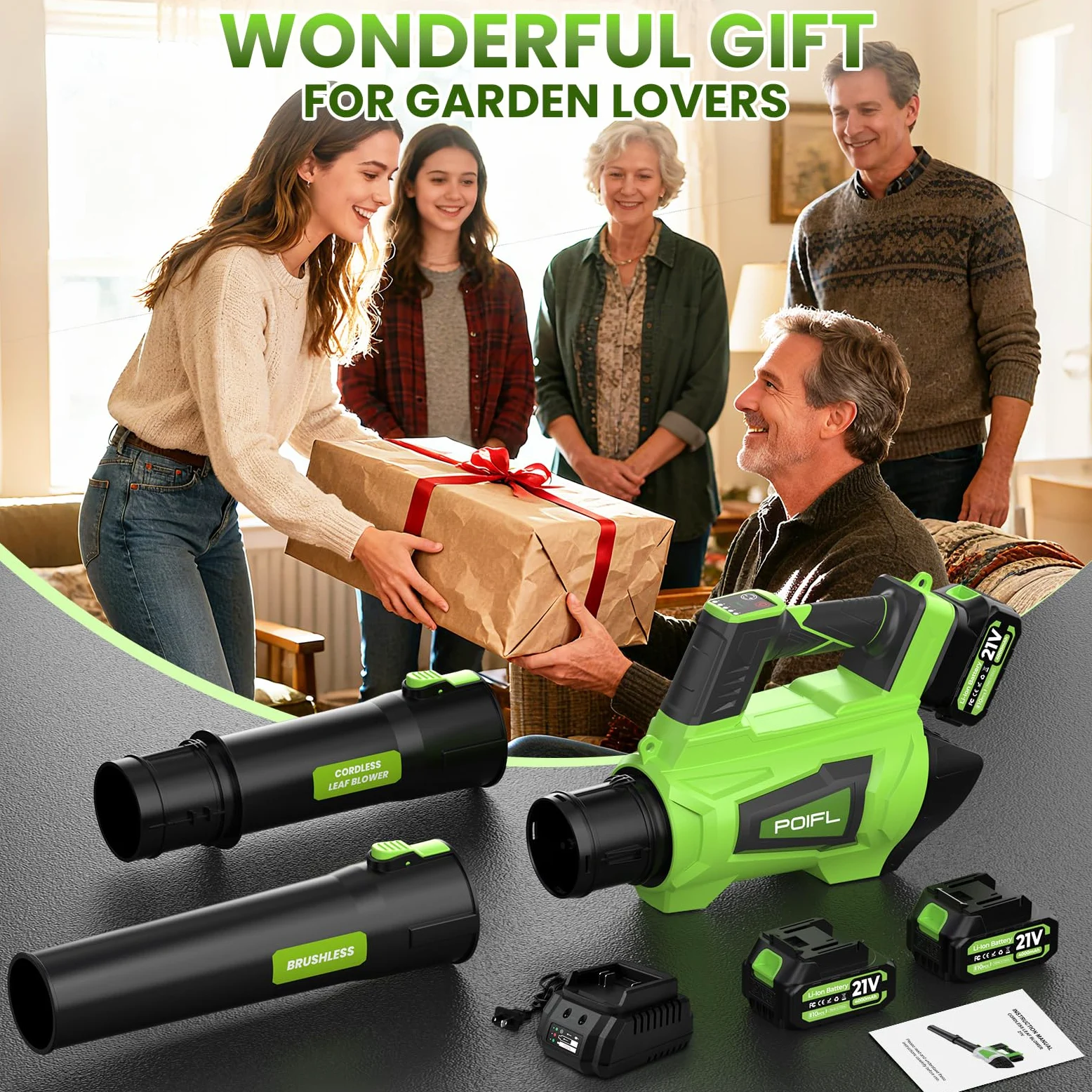 Souffleur Batterie, 32000RPM Souffleur de Feuille sans Fil,735 CFM 245 Km/h | Souffleur Feuille avec 6 Vitesses, 2 x 4000MAh Batteries & 1 x Sangle pour La jardin, La pelouse, La voiture et La neige