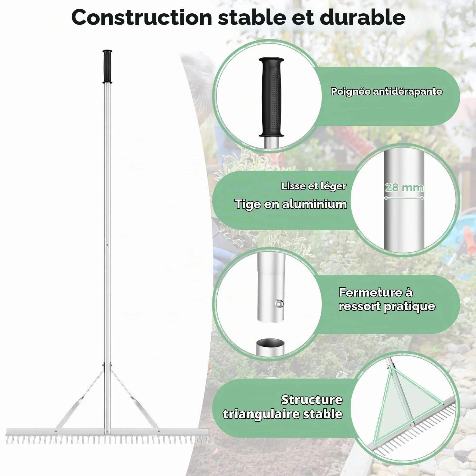 FANTASK Râteau de Jardin avec tête de râteau de 91 cm de Large et Long Manche, en Aluminium avec 36 Dents, râteau à Feuilles, râteau à Gazon pour ameublir Le Sol, Entretien du Paysage