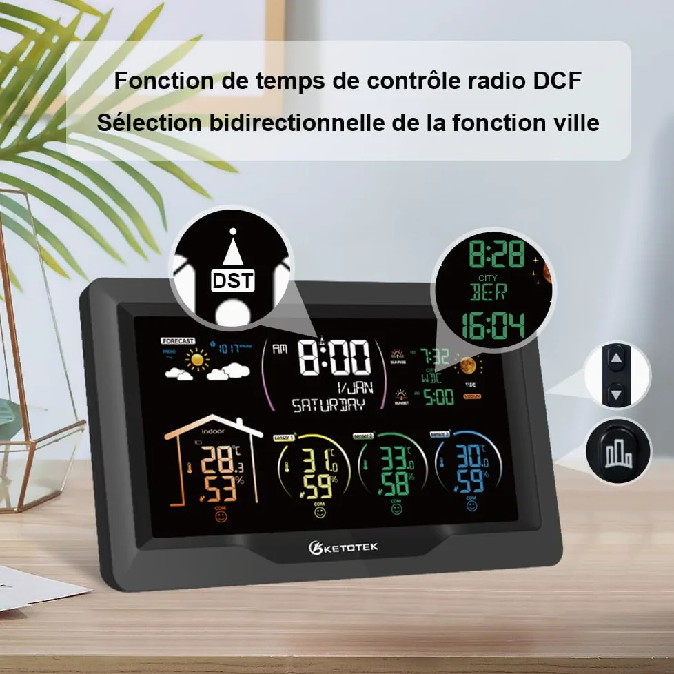 KETOTEK Station Meteo Interieur Exterieur Sans Fil Thermometre Hygrometre | avec 3 Capteurs 7,5" VA LCD Affichage Baromètre, Prévisions Météorologiques, Réveil, Lever et coucher du soleil