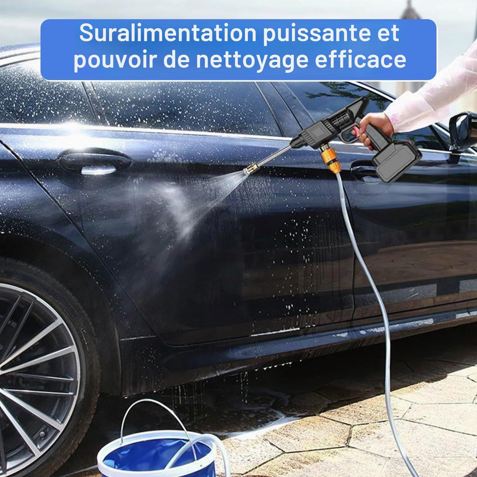 Nettoyeur Haute Pression Portable sans Fil, 21V Nettoyeur Haute Puissance avec 2 Batteries & Tuyau de 5m, Pistolet de Nettoyage Haute Pression pour Voiture,Jardin,Sol,Arrosage