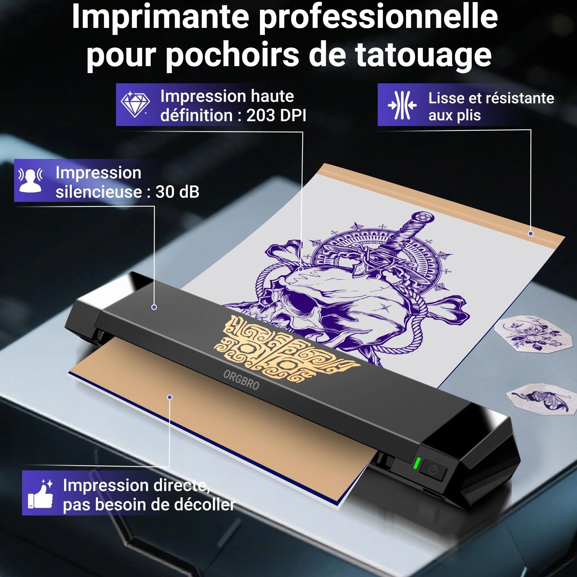 ORGBRO X8 Imprimante Stencil Tatouage Transfert Thermique Bluetooth 30 Feuilles Papier