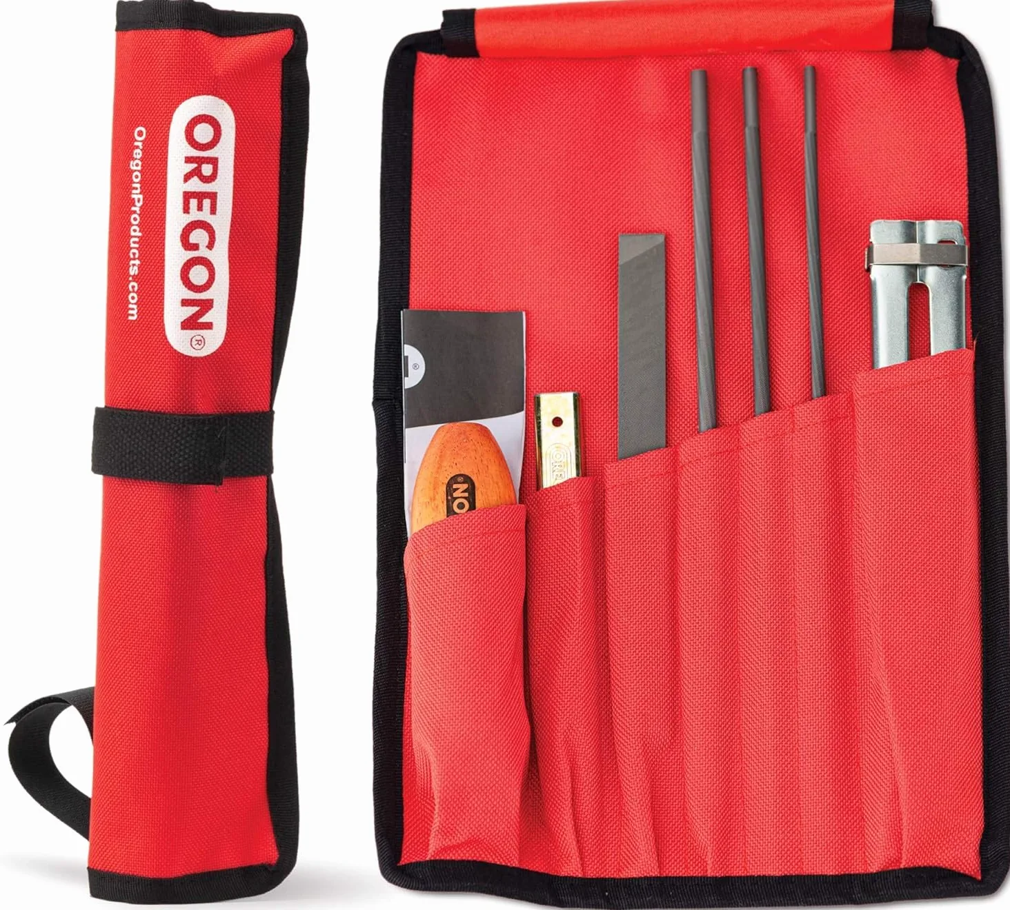 Oregon - Huile pour Chaîne et Guide-Chaîne de Tronçonneuse, 5 L & Kit d'Affûtage Universel Portable pour Tronçonneuse, Limes Rondes 5/32" (4 mm) / 3/16" (4,8 mm) / 7/32" (5,5 mm), Lime Plate, Manche