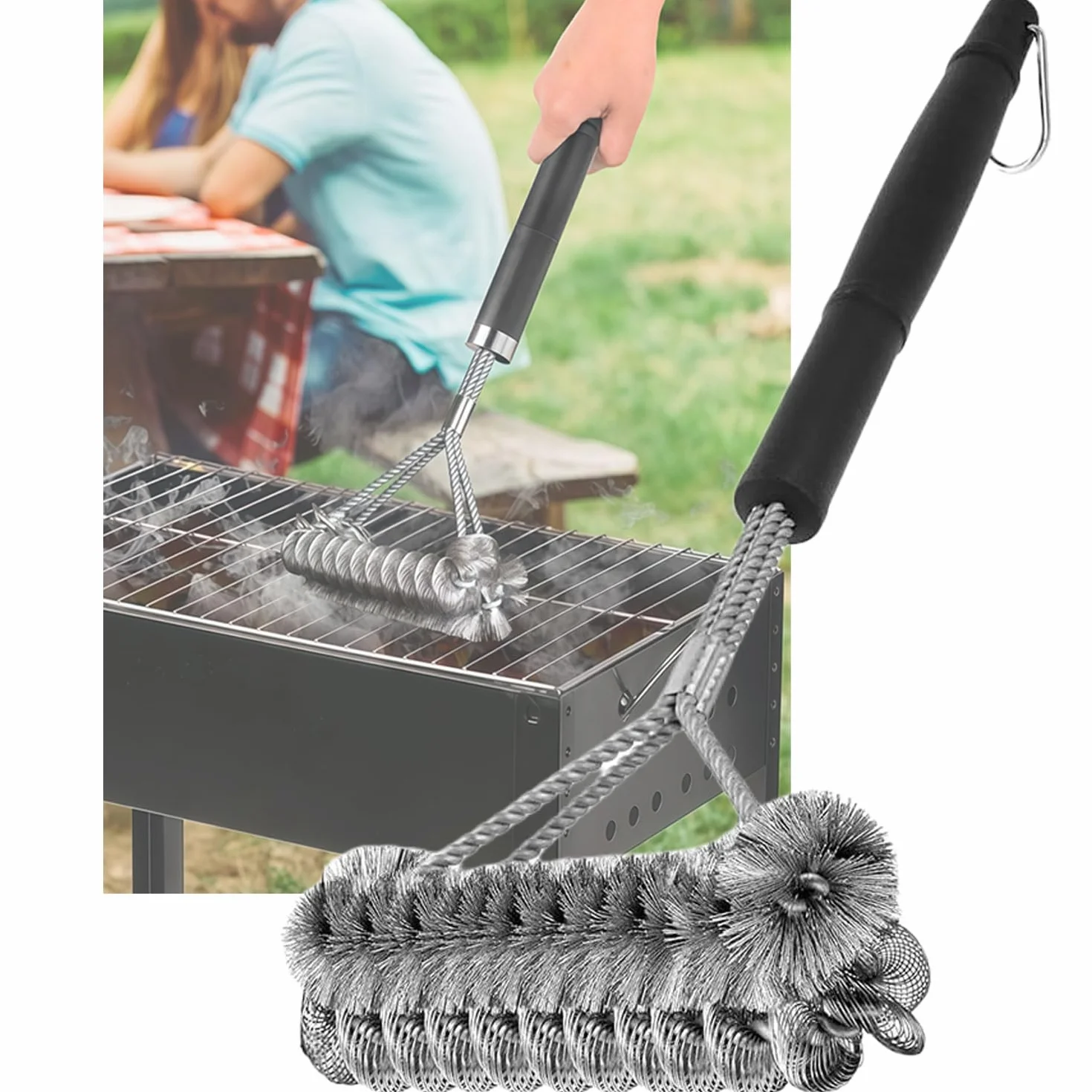 Brosse de Nettoyage pour Barbecue en Acier Inoxydable 45.5cm avec Grattoir Intégré Nettoyage 360°