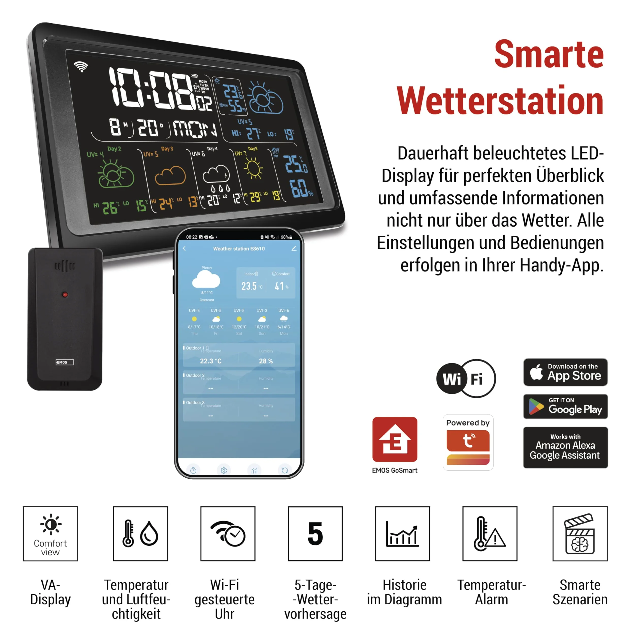 EMOS GoSmart - Station météo WiFi avec capteur extérieur sans fil et application - Écran couleur, prévisions météo sur 5 jours, thermomètre, hygromètre, horloge - Compatible Tuya, Smartlife - Avec