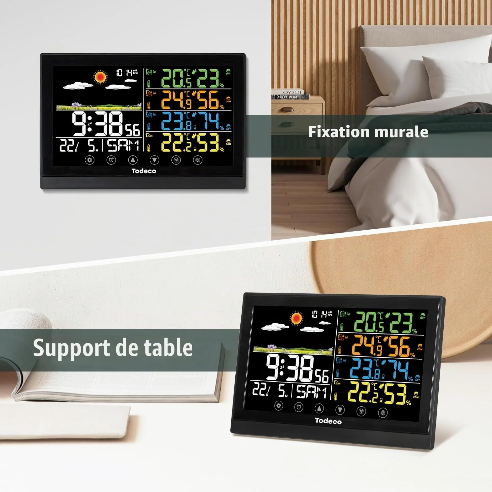 Todeco Station Météo Sans Fil avec 3 Capteurs et Écran LCD Couleur | Température et Humidité, Baromètre, Prévisions Météo, Heure, Calendrier, Réveil avec Snooze, Alimentation Secteur ou Piles