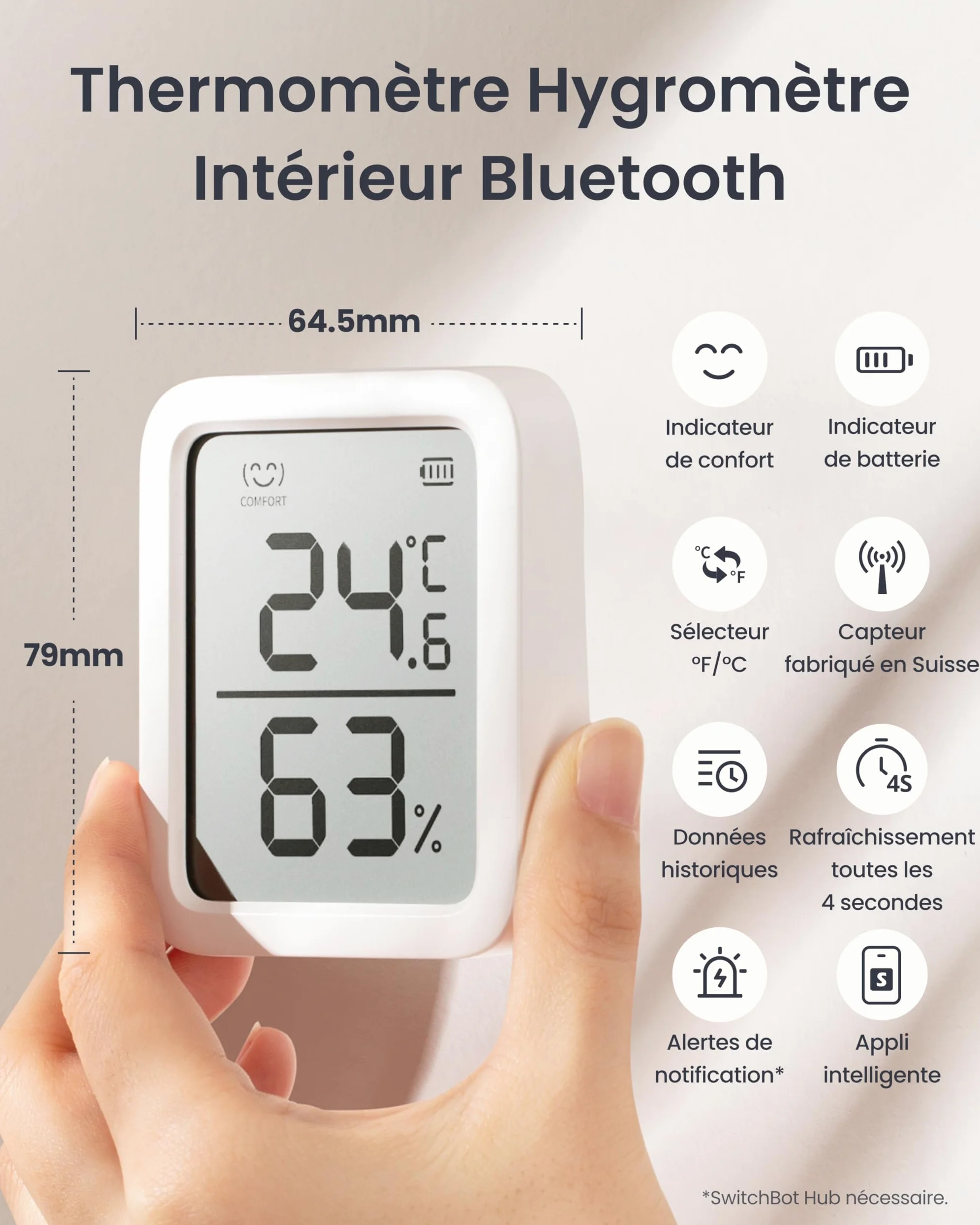 SwitchBot Thermomètre Hygromètre Intérieur Lot de 2 avec Hub Mini Matter, Hygromètre Bluetooth Numérique Capteur de Température et d’Humidité avec Application & Stockage de Données, Capteur de Point d