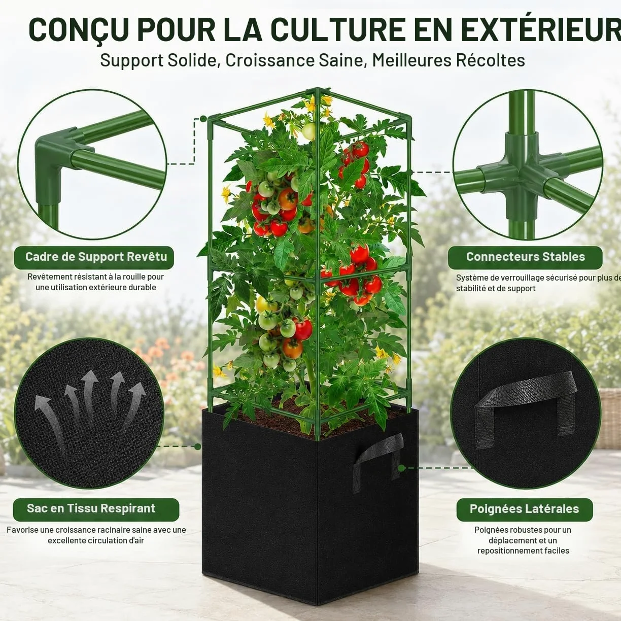 Tuteurs pour tomates avec Sacs de Culture 57 L, Lot de 3 Cages carrées en Acier 120 cm, Supports réglables pour Plantes grimpantes, Balcon, Jardin et Serre