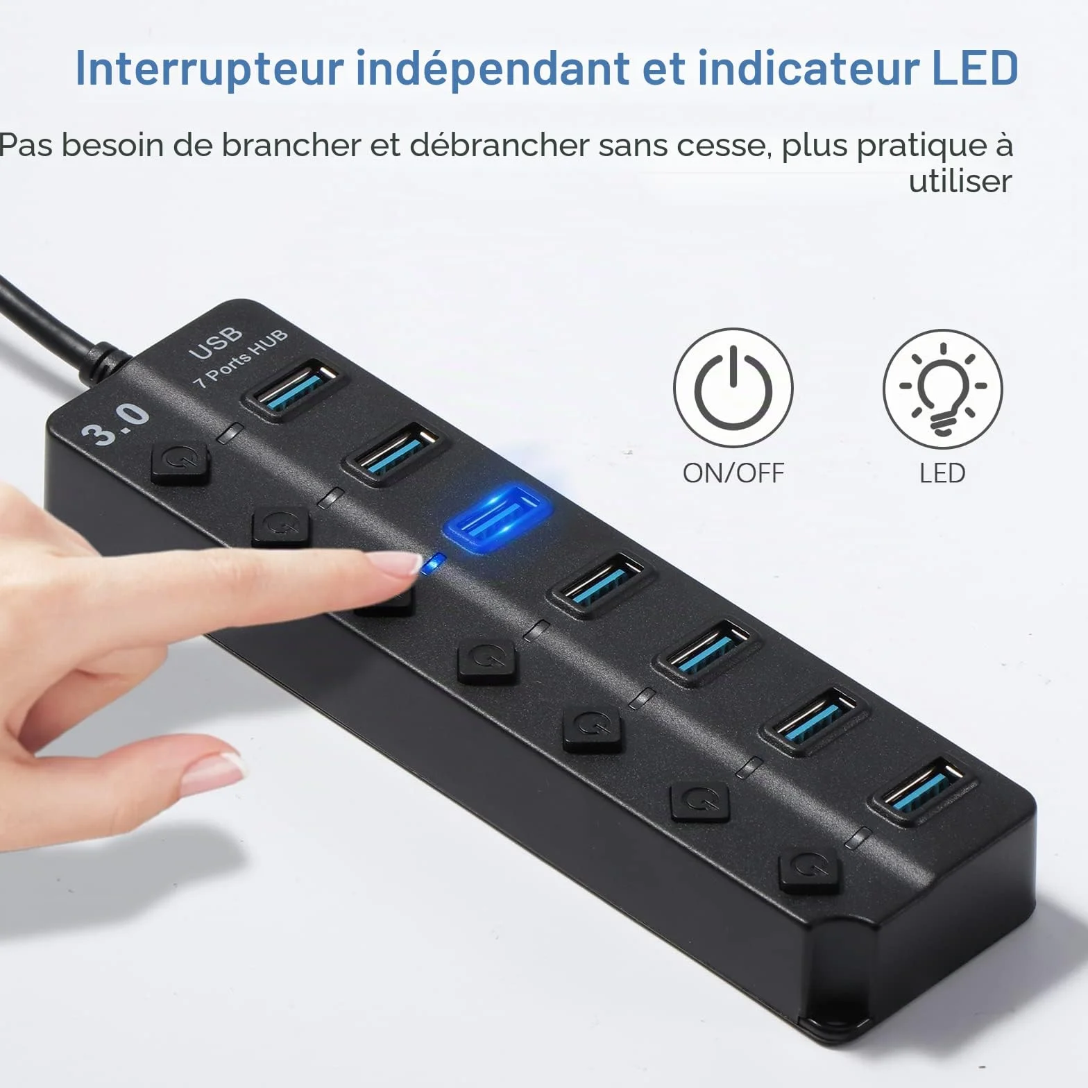 Hoppac Hub 7 en 1 Multiprise USB 3.0 2.0 Port Multiple PC Transfert Données Recharge Interrupteur LED 1M
