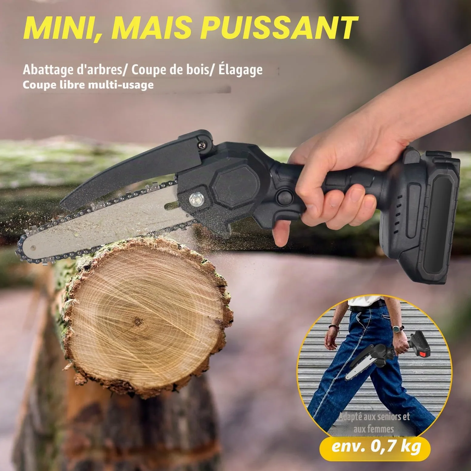 AIOMEST Mini Tronçonneuse à Batterie 6 Pouces, Sans Fil pour Élagage | 2 batteries 4000mAh, 2 chaînes incluses, tension de chaîne sans outil, légère scie à chaîne électrique, pour coupe de branche