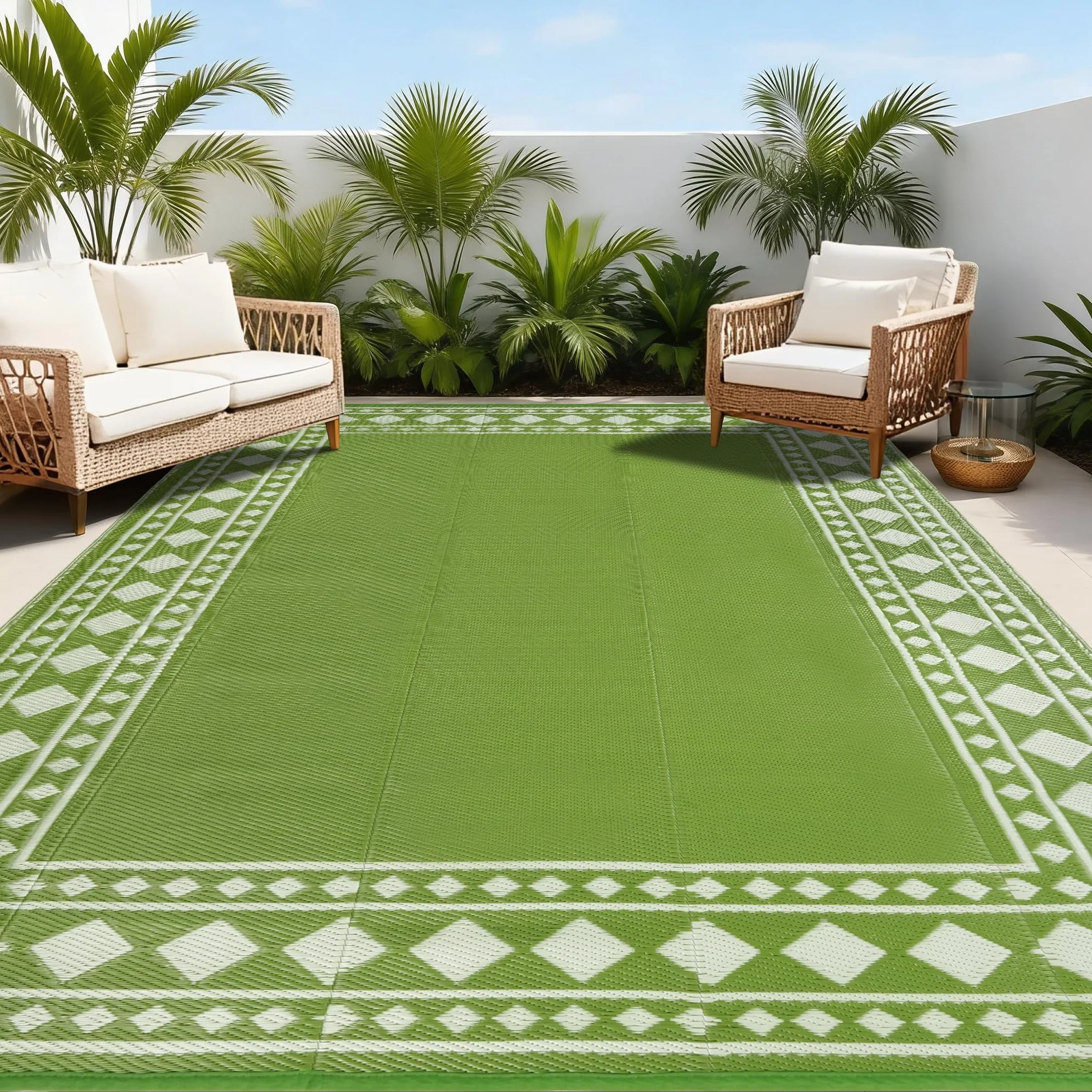 Homcomodar Tapis d'extérieur résistant aux intempéries, 180 x 270 cm, réversible, perméable à l'eau, tapis en plastique pour camping, terrasse, jardin, tente, pique-nique, vert