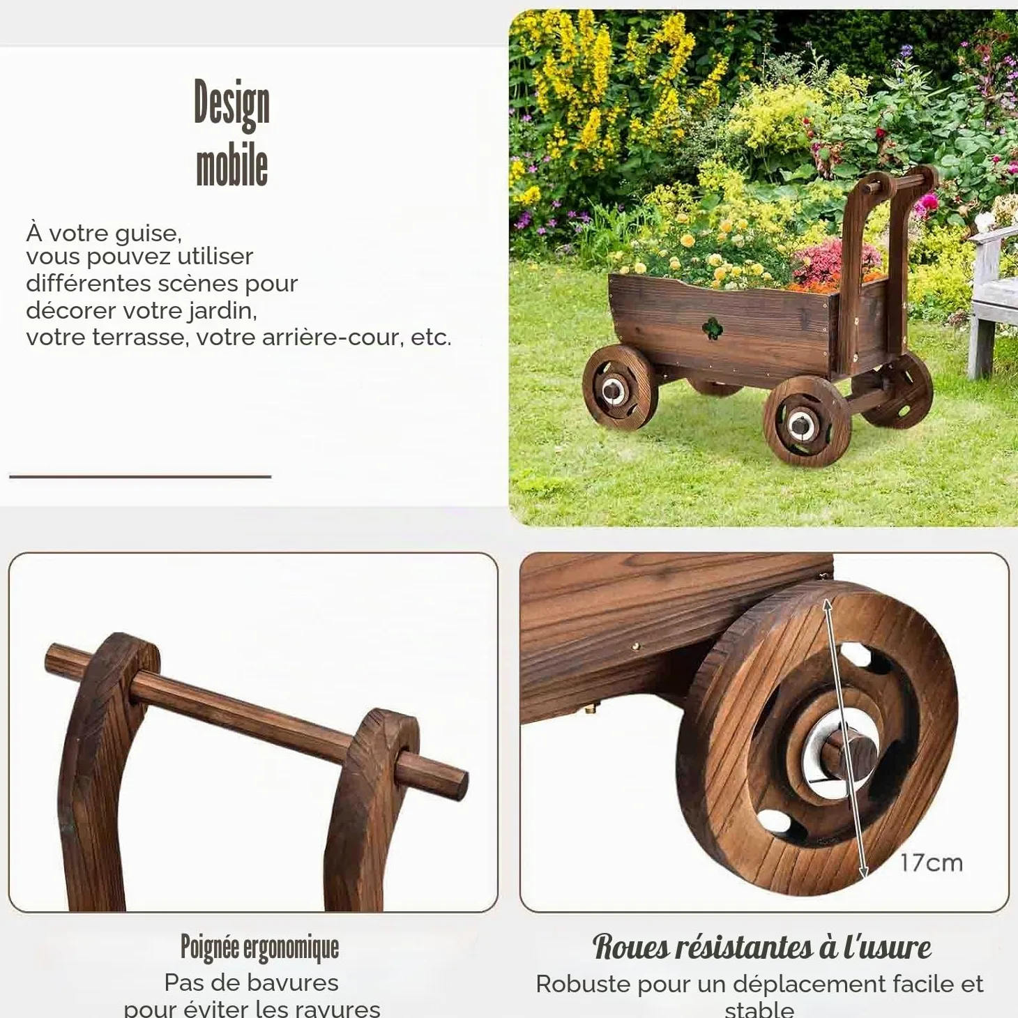 FANTASK Chariot à Fleurs en Bois avec Roues et poignée, Chariot de Plantation avec Trou de Drainage, Diable Rustique, pour Jardin, terrasse, Pot de Fleurs, brouette, décoration de Jardin, jardinière