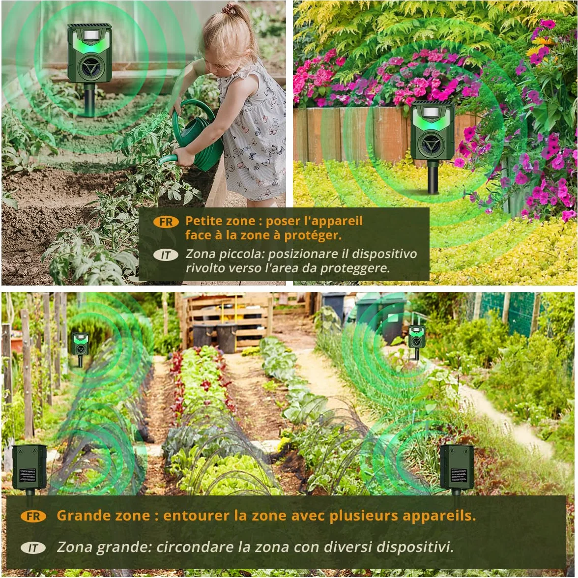 Répulsif Chat Ultrason avec Lumière Flamme LED, Recharge Solaire et USB, Étanche pour Jardin Potager, Lot de 2