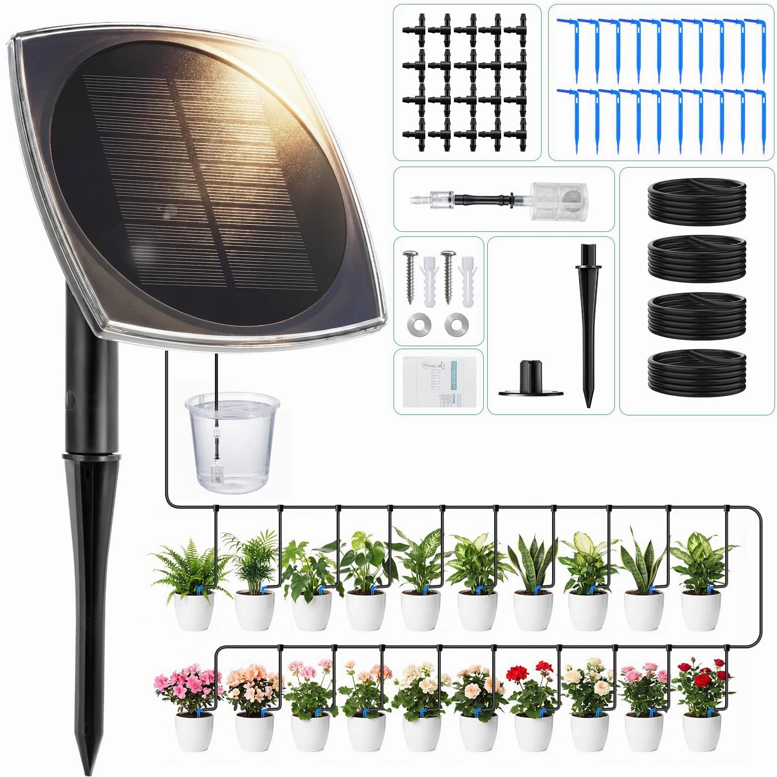 Arrosage Goutte à Goutte Solaire pour 20 Plantes, Kit D'irrigation Solaire Arrosage Automatique avec 12 Modes et 20M Tuyau Arrosage pour Vacances Jardin Balcon Greenhouse